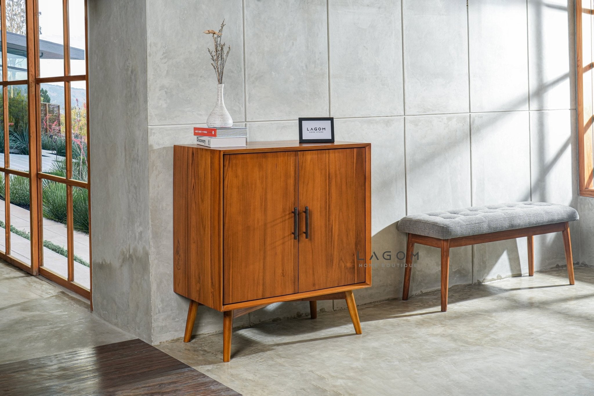 Solid Teak Bench with Button Accent Cushion - Bench - Lagom Home Boutique