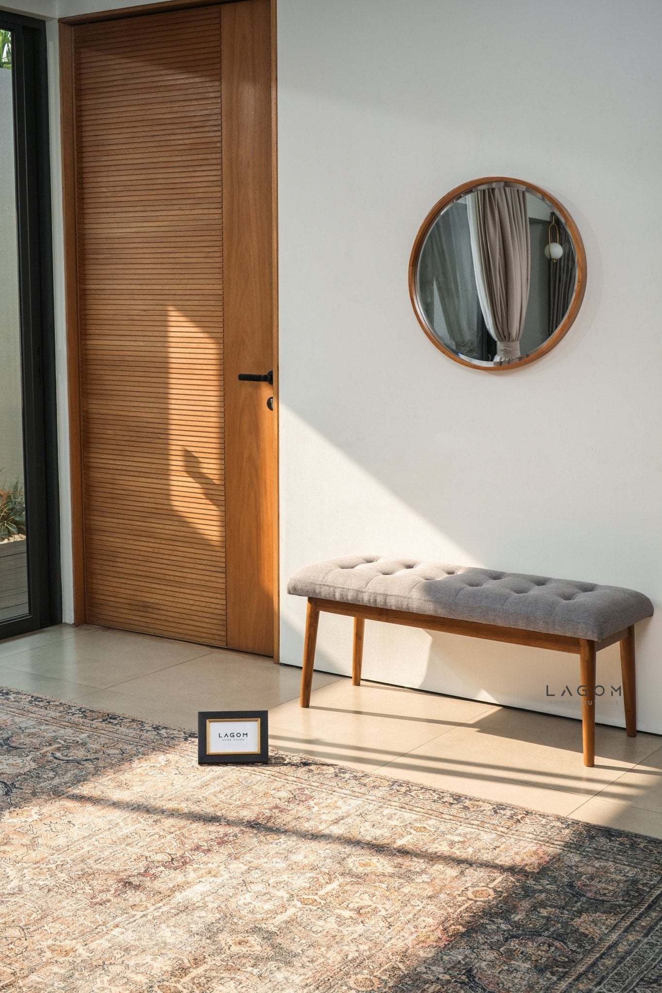 Solid Teak Bench with Button Accent Cushion - Bench - Lagom Home Boutique