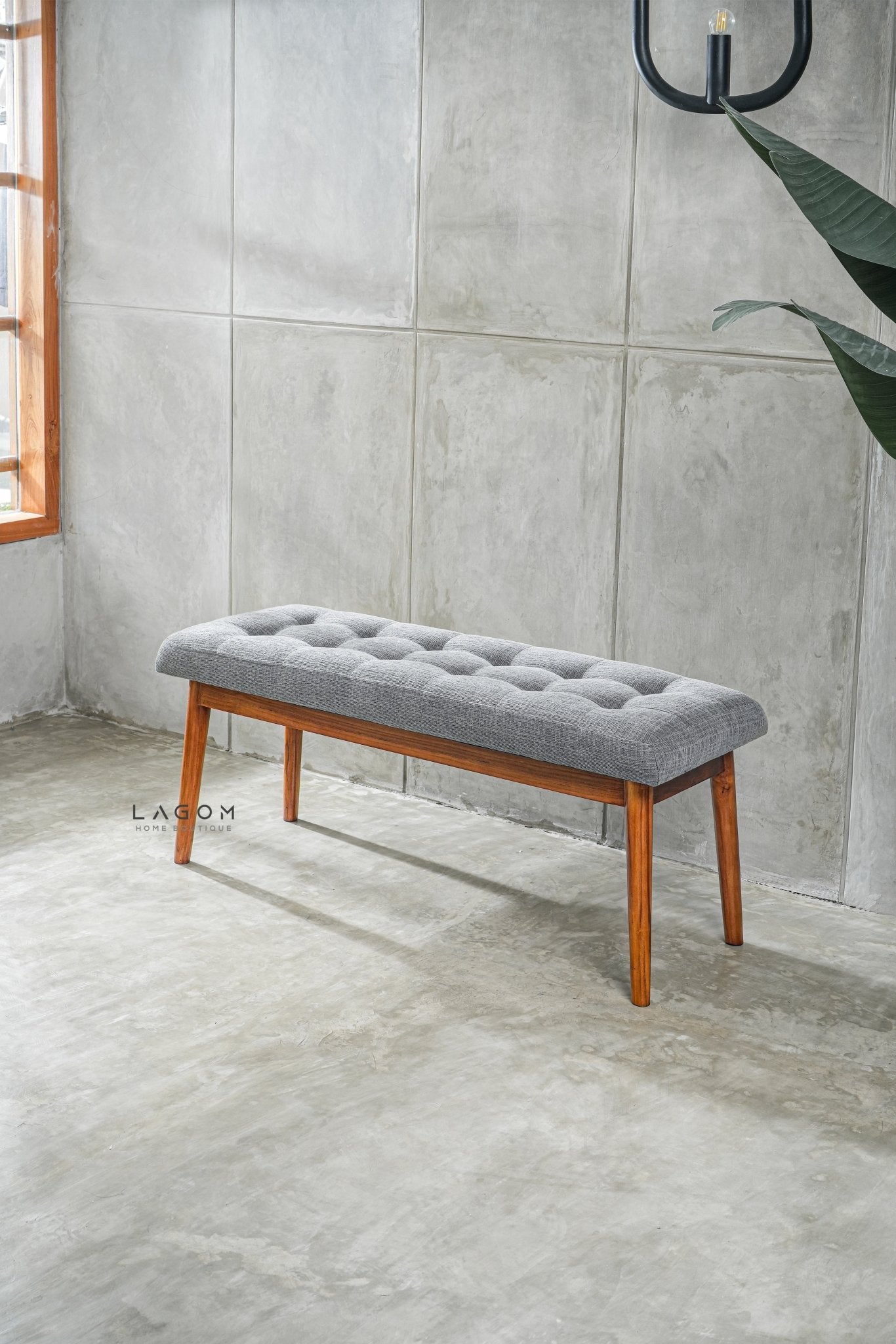 Solid Teak Bench with Button Accent Cushion - Bench - Lagom Home Boutique