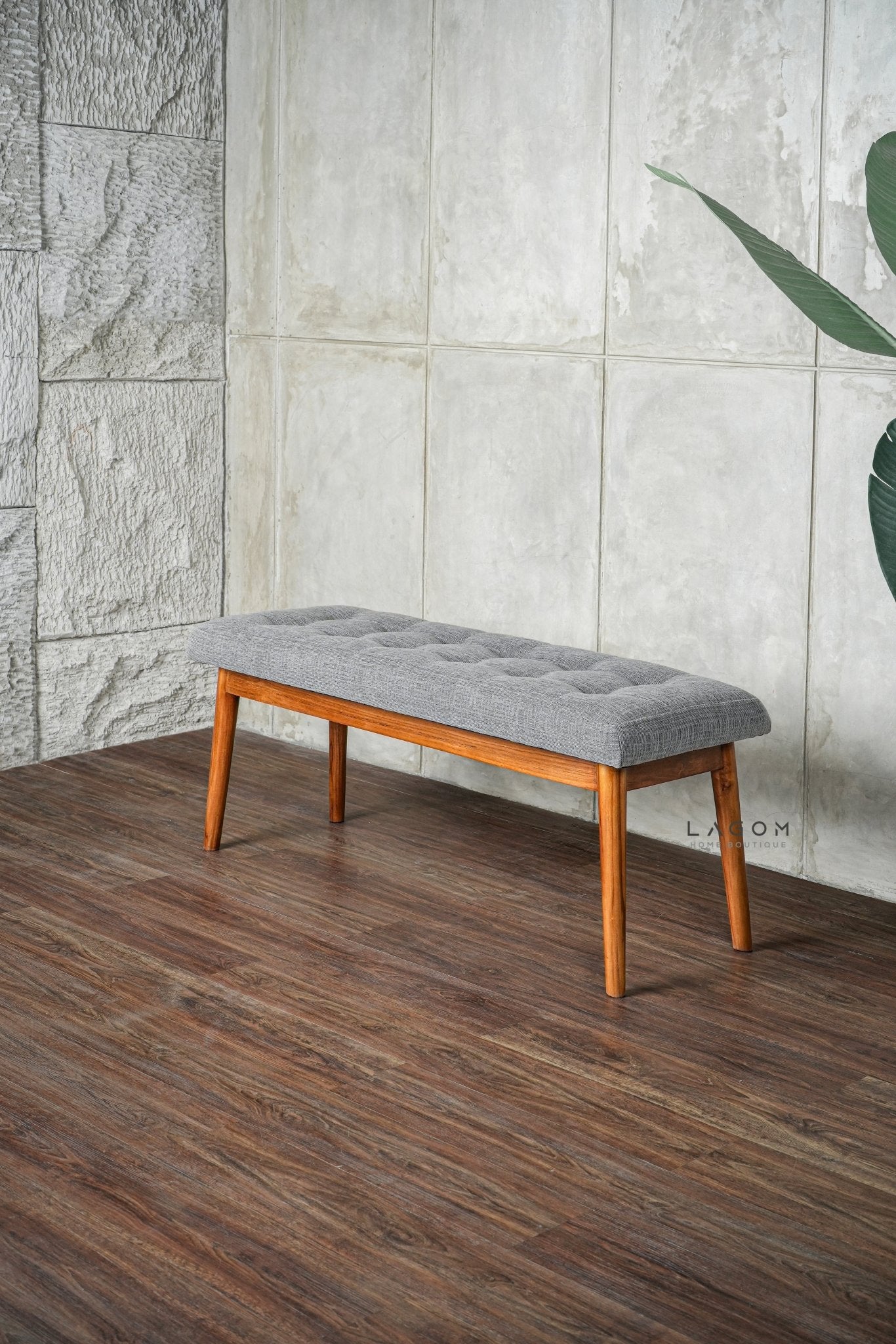 Solid Teak Bench with Button Accent Cushion - Bench - Lagom Home Boutique