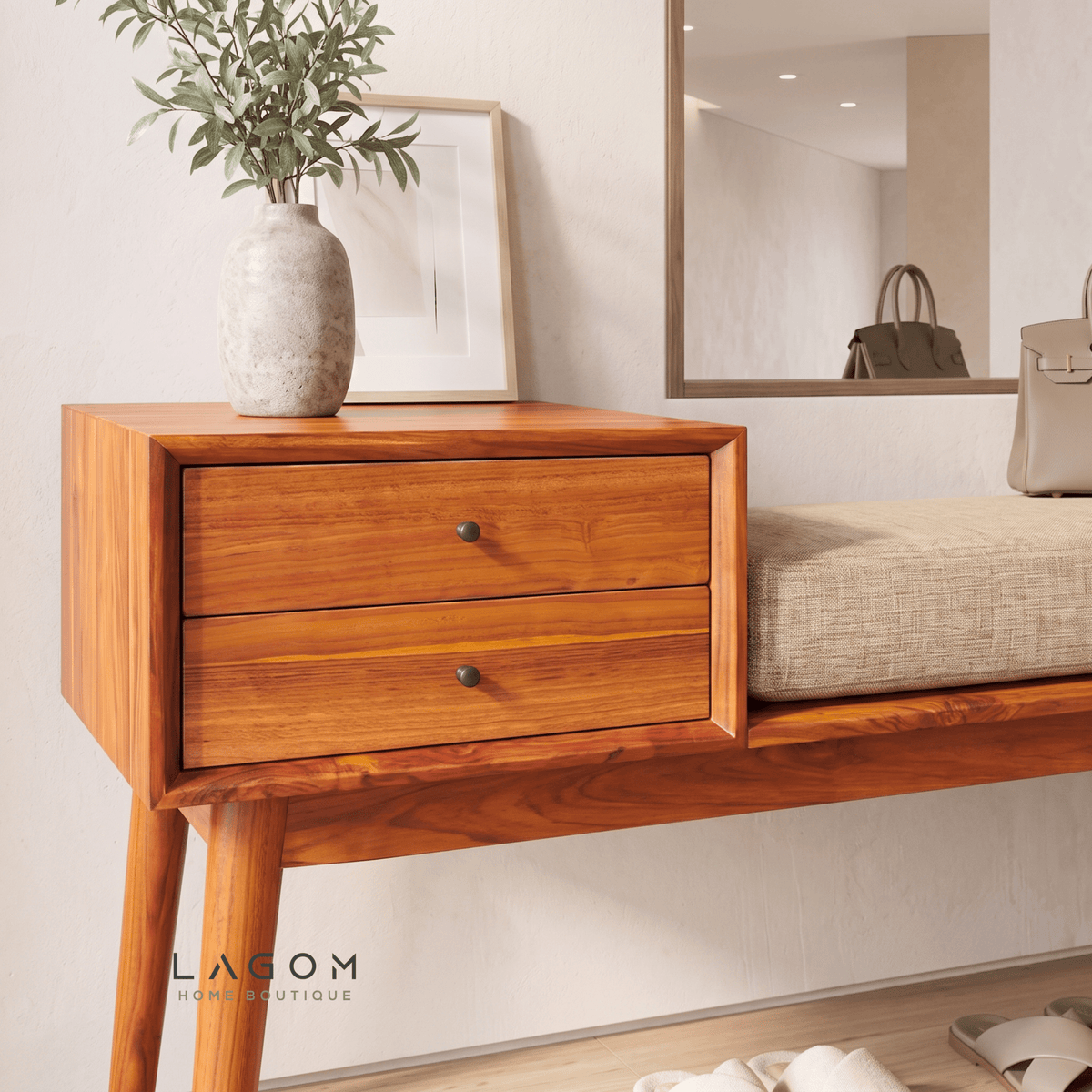 Solid Teak Bench with Two Drawers & Cushion-Bench-Lagom Home Boutique