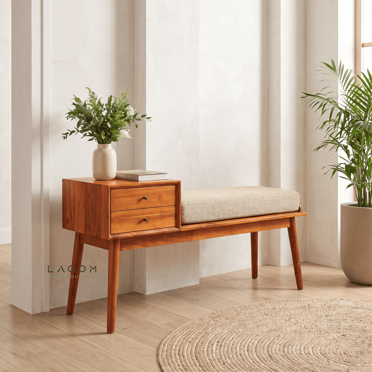 Solid Teak Bench with Two Drawers & Cushion-Bench-Lagom Home Boutique