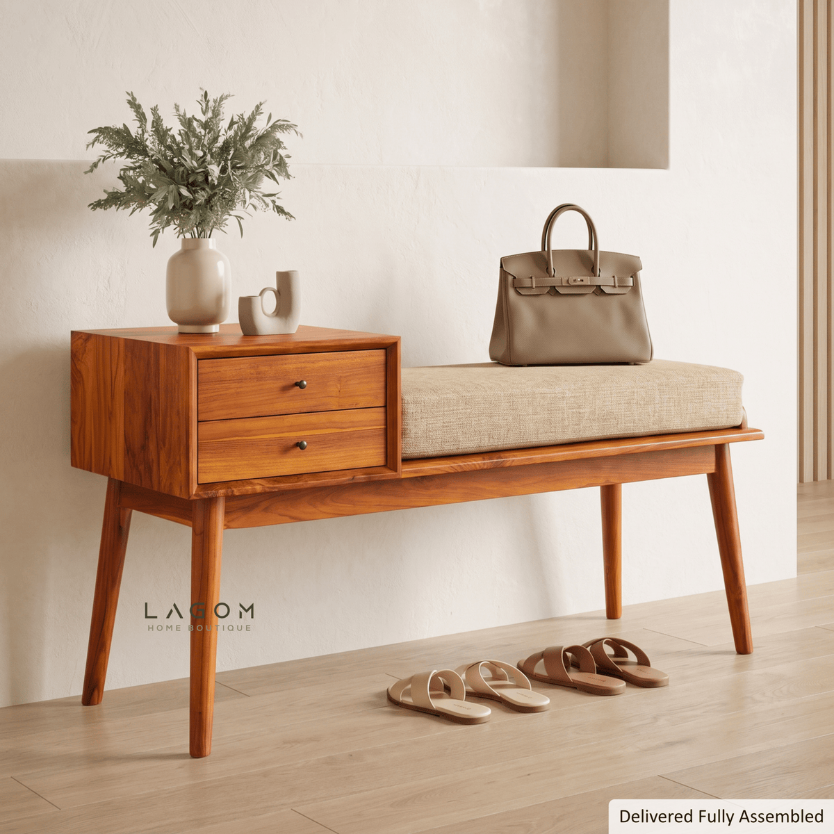 Solid Teak Bench with Two Drawers & Cushion-Bench-Lagom Home Boutique