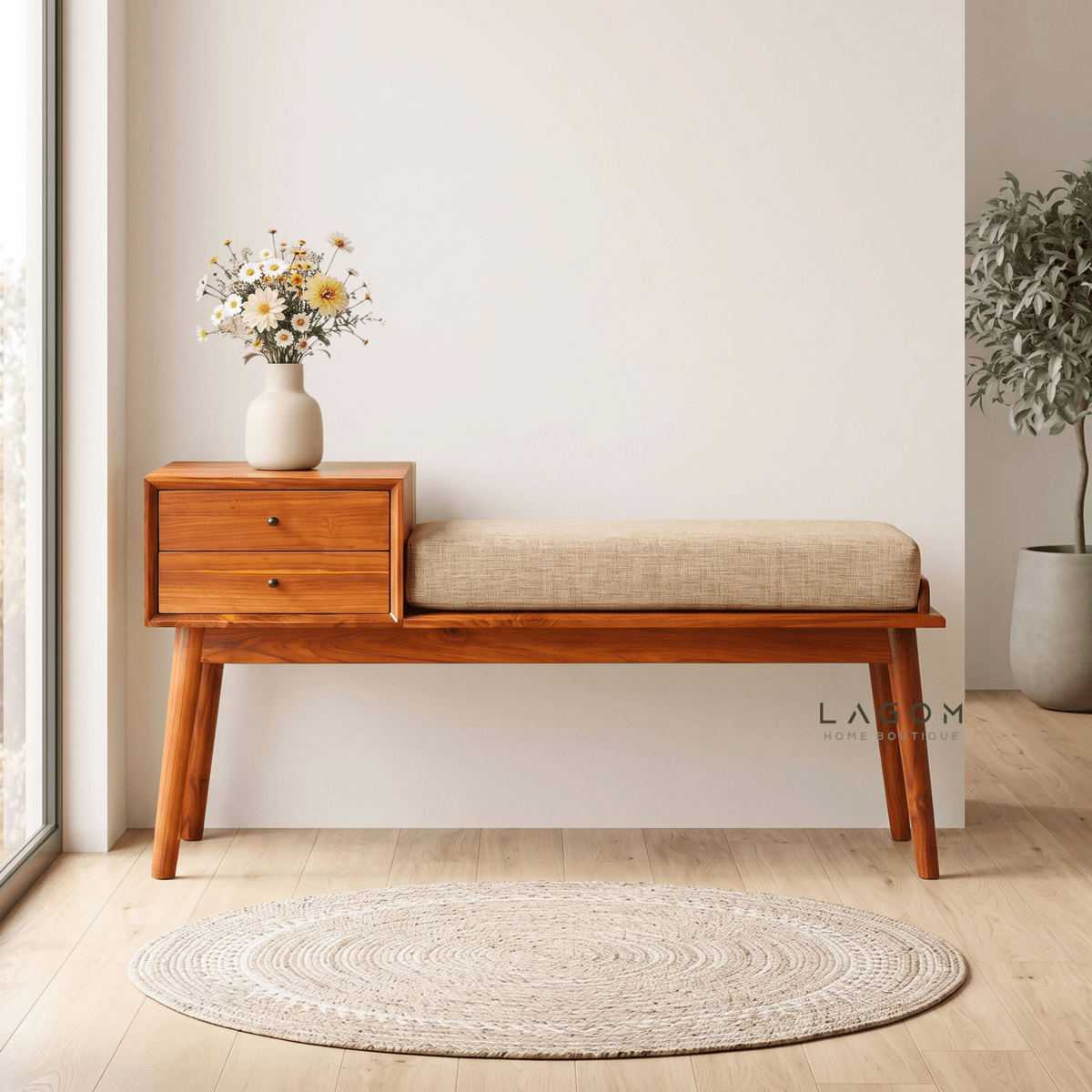 Solid Teak Bench with Two Drawers & Cushion-Bench-Lagom Home Boutique