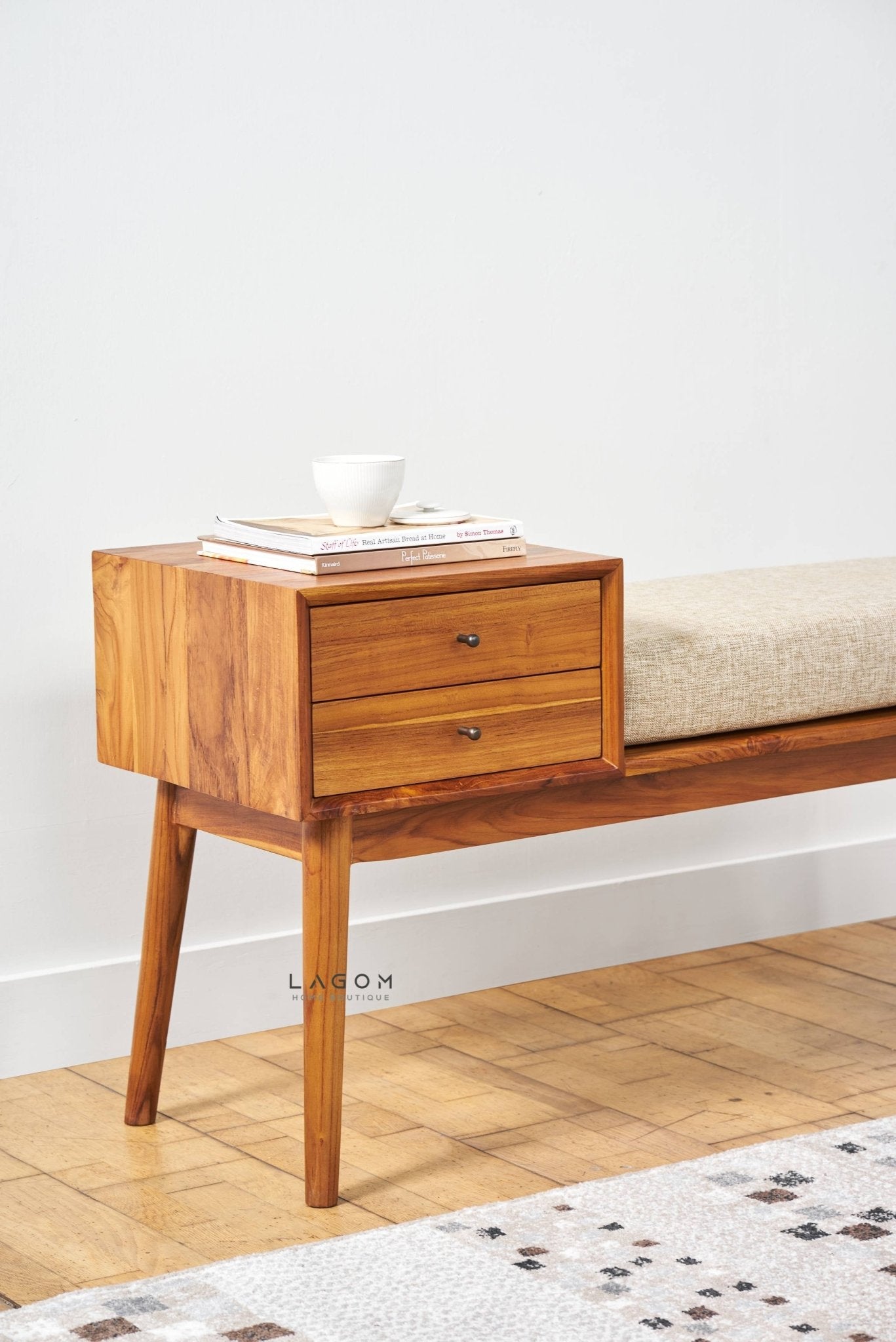 Solid Teak Bench with Two Drawers & Premium Cushion - Bench - Lagom Home Boutique