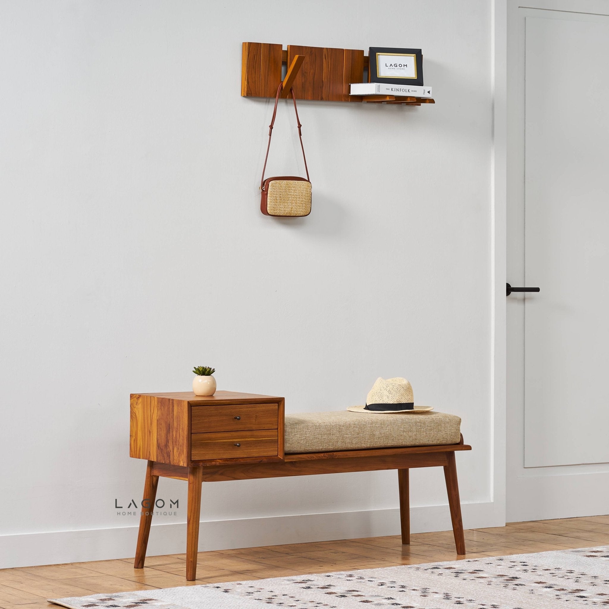 Solid Teak Bench with Two Drawers & Premium Cushion - Bench - Lagom Home Boutique