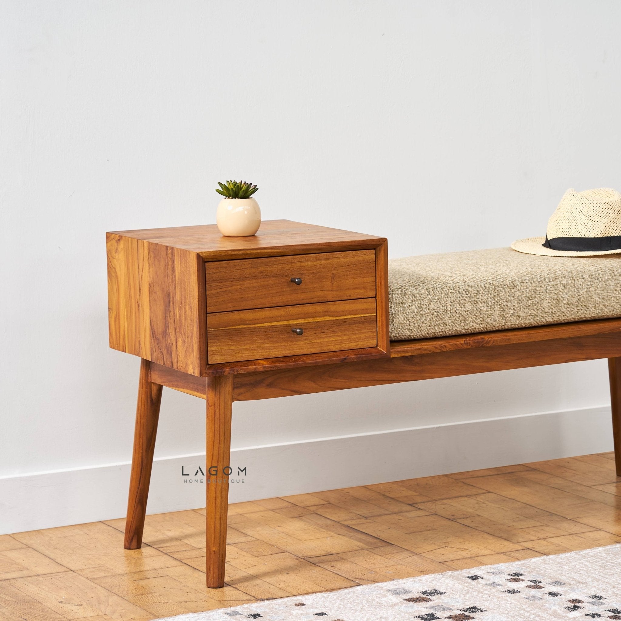 Solid Teak Bench with Two Drawers & Premium Cushion - Bench - Lagom Home Boutique
