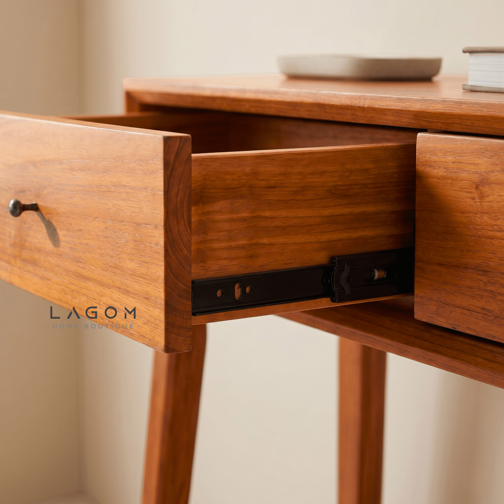 Solid Teak Console Table with Drawers & Loom Shelf - Console Table - Lagom Home Boutique