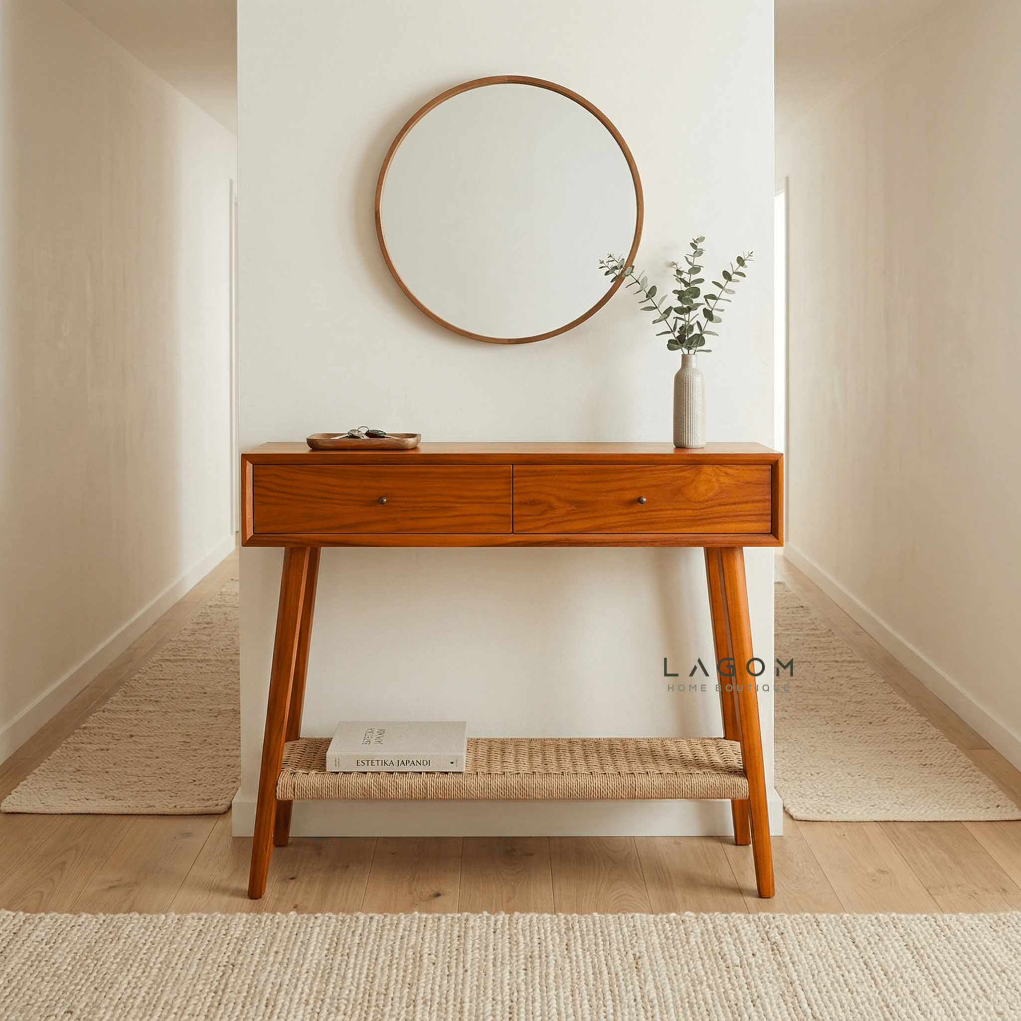 Solid Teak Console Table with Drawers & Loom Shelf - Console Table - Lagom Home Boutique