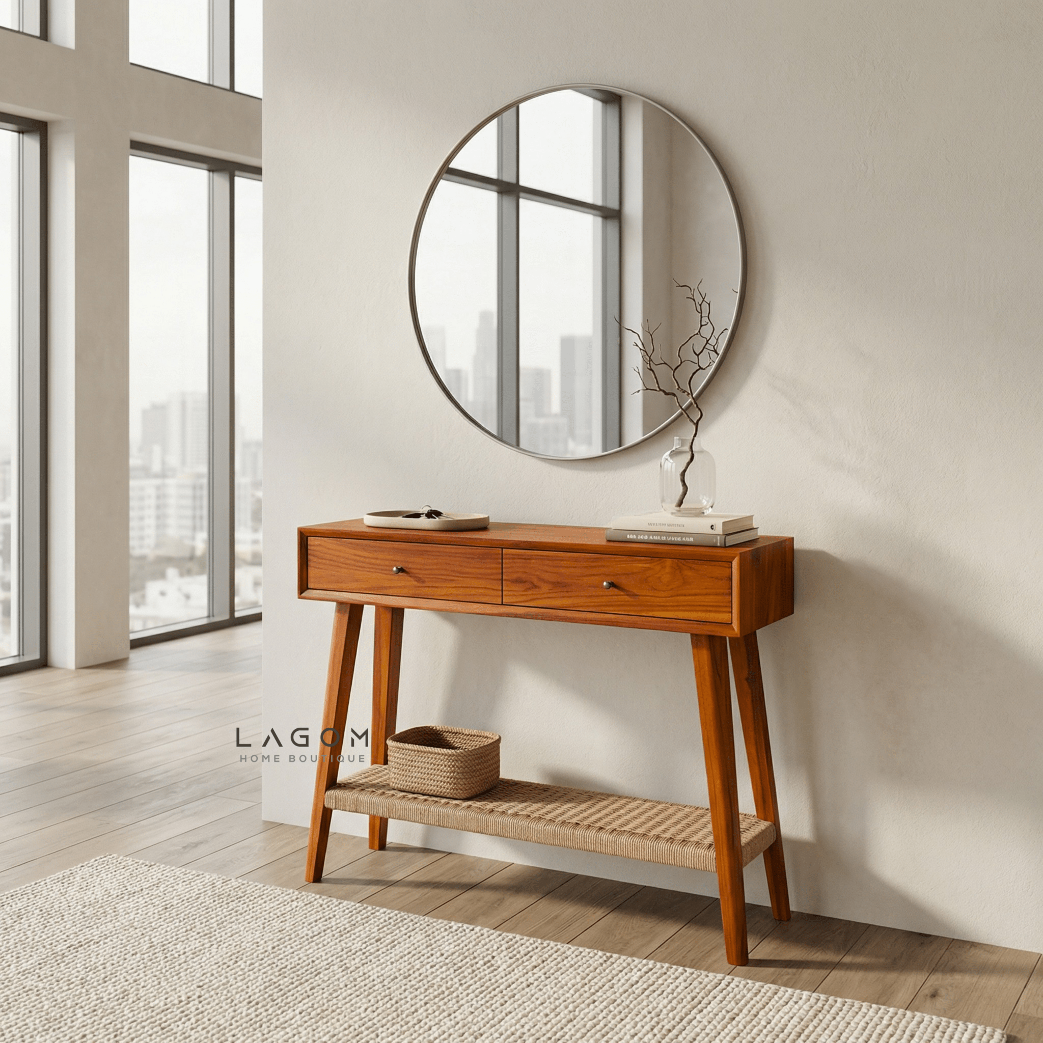 Solid Teak Console Table with Drawers & Loom Shelf - Console Table - Lagom Home Boutique