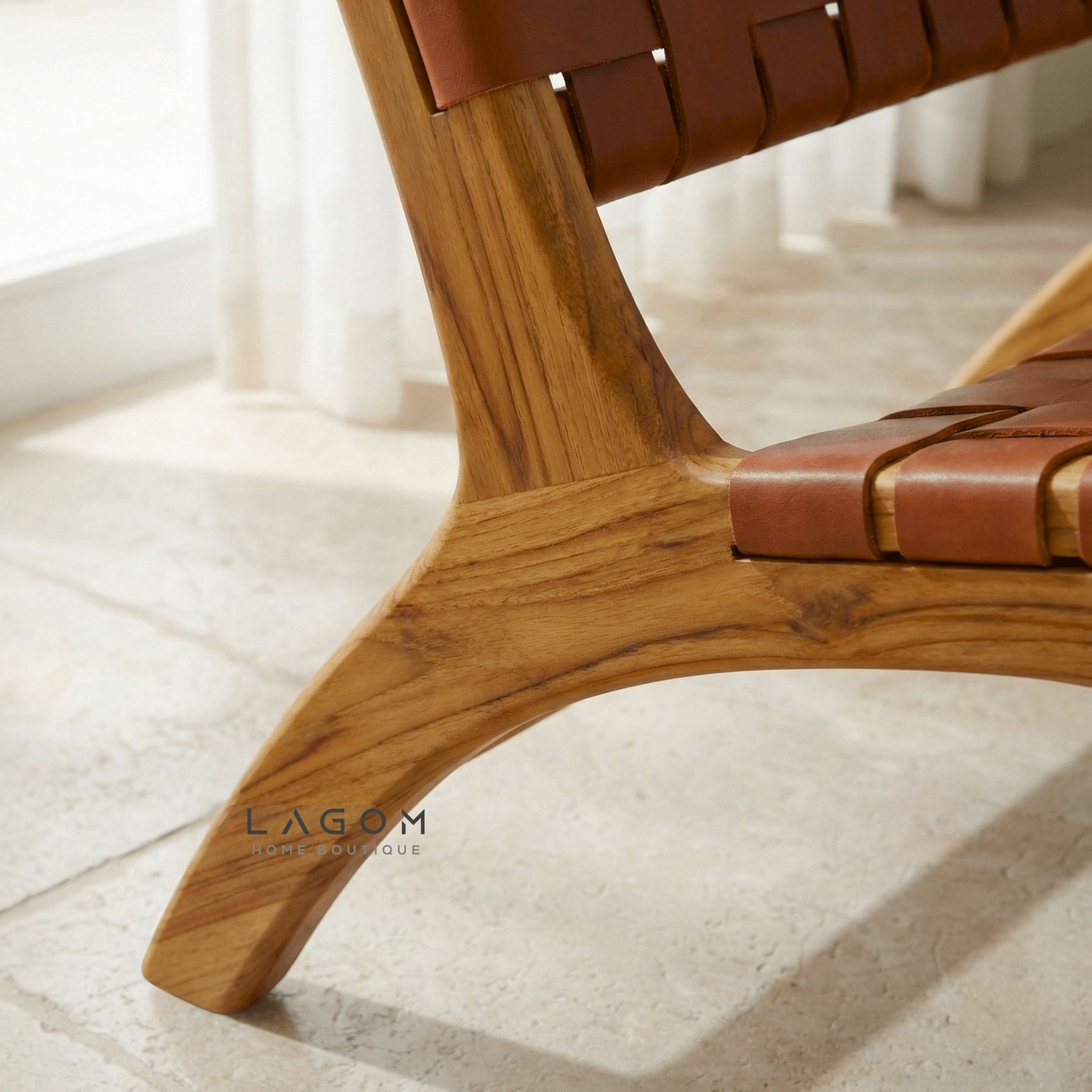 Solid Teak Lounge Chair with Handwoven Leather - Chair - Lagom Home Boutique