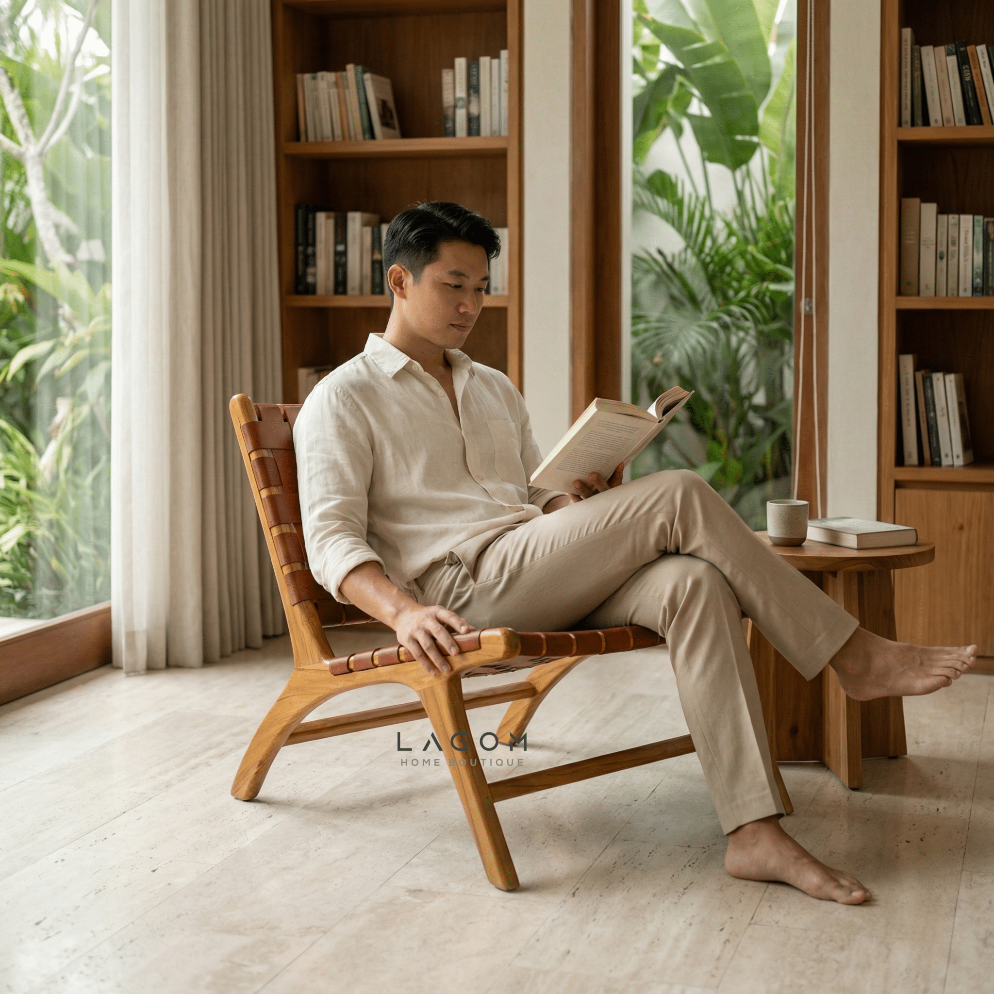 Solid Teak Lounge Chair with Handwoven Leather - Chair - Lagom Home Boutique