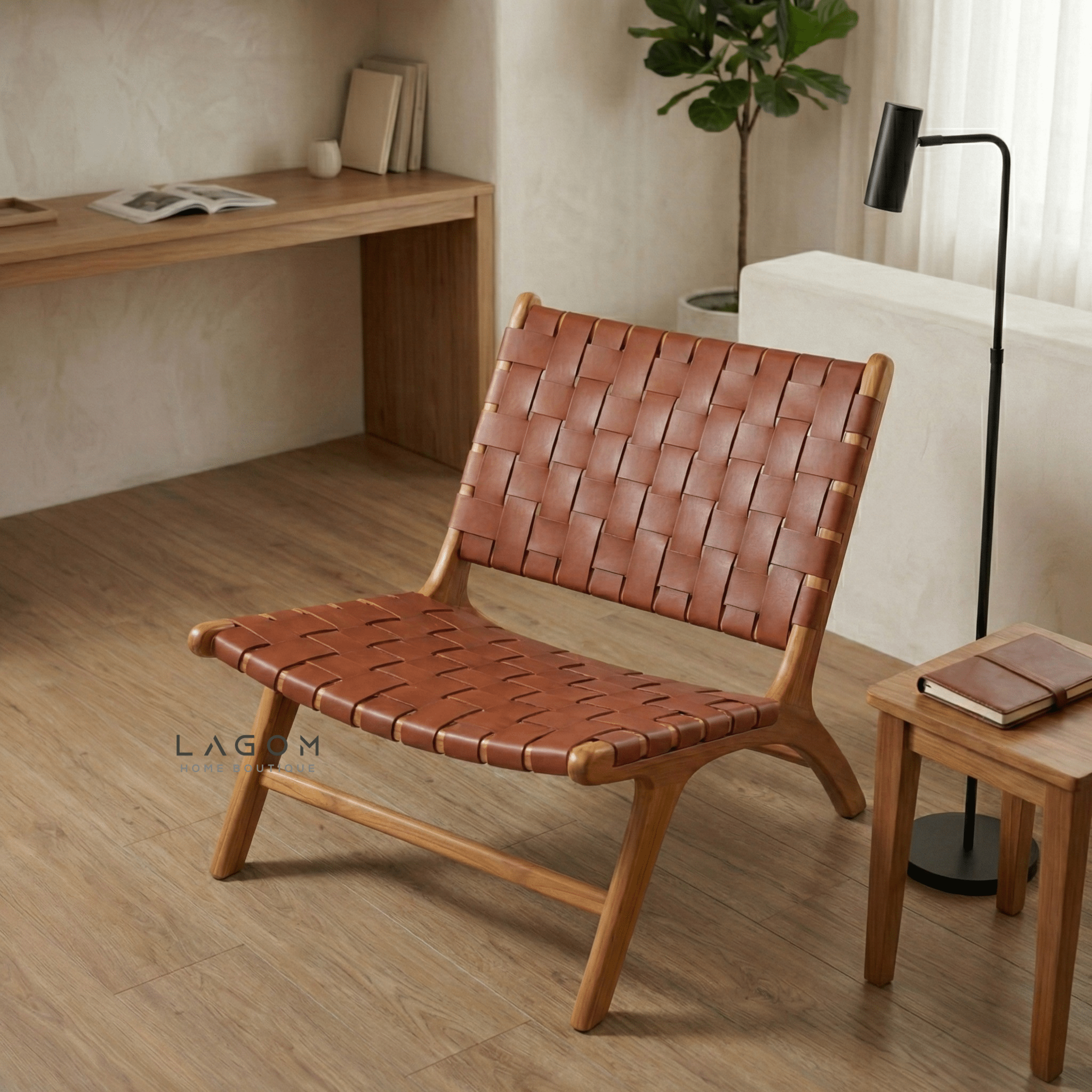 Solid Teak Lounge Chair with Handwoven Leather - Chair - Lagom Home Boutique