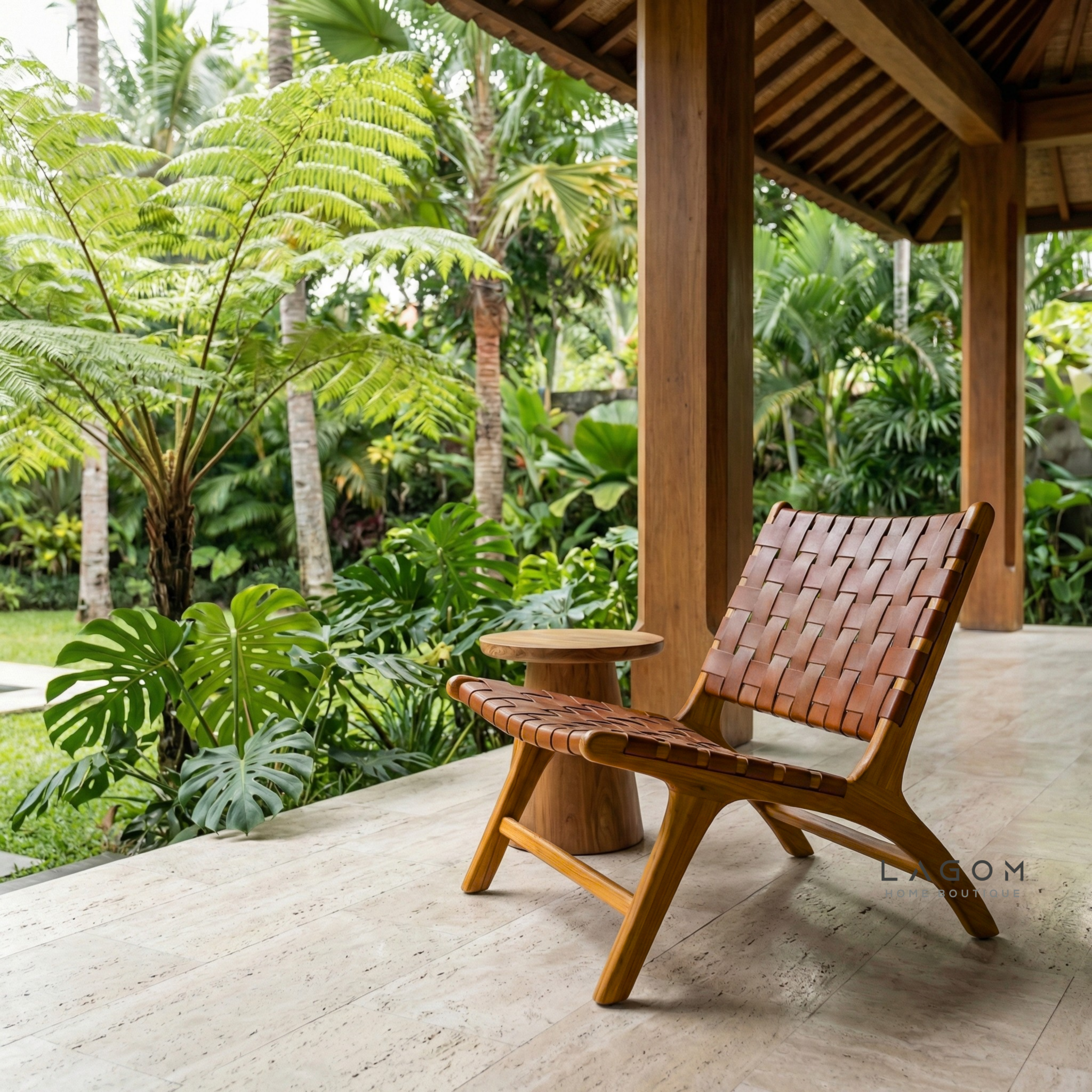 Solid Teak Lounge Chair with Handwoven Leather - Chair - Lagom Home Boutique
