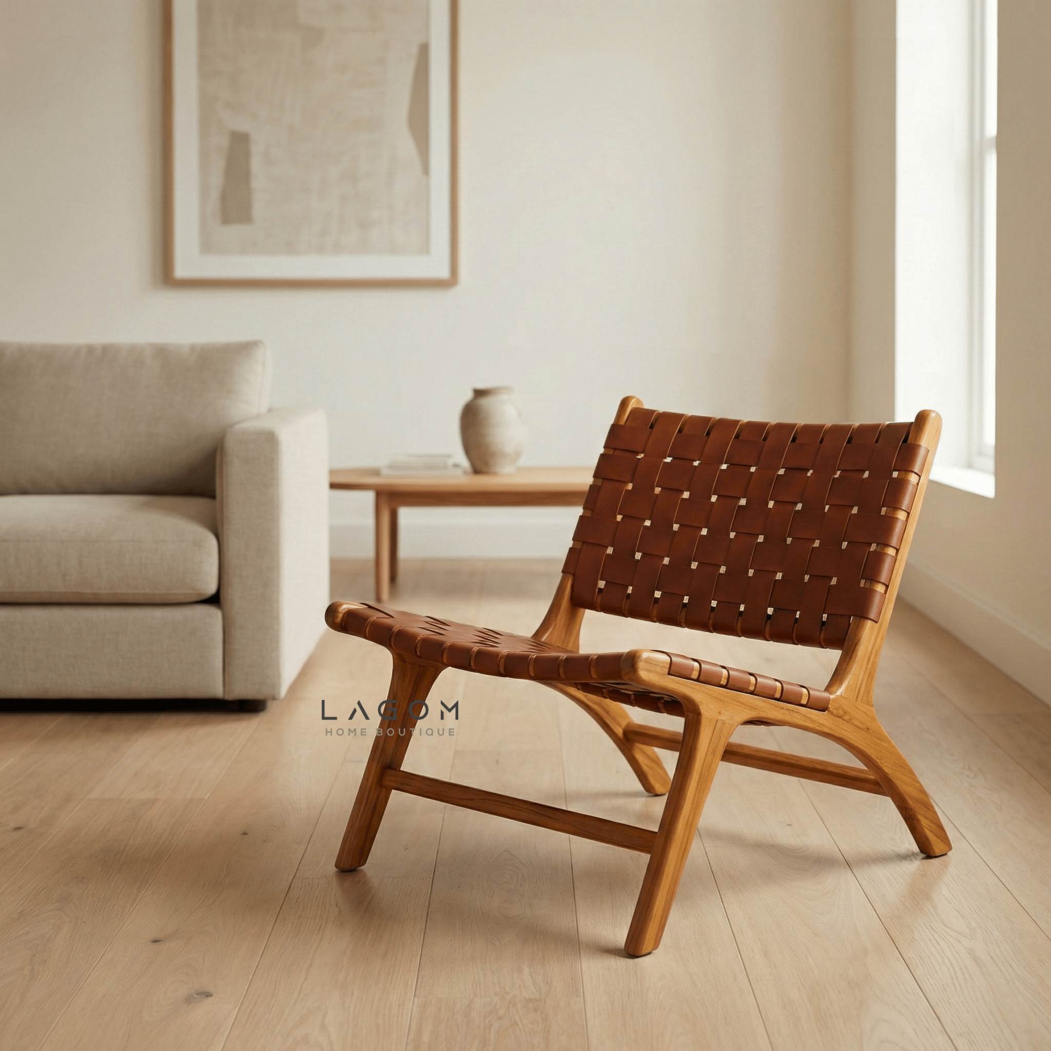 Solid Teak Lounge Chair with Handwoven Leather - Chair - Lagom Home Boutique
