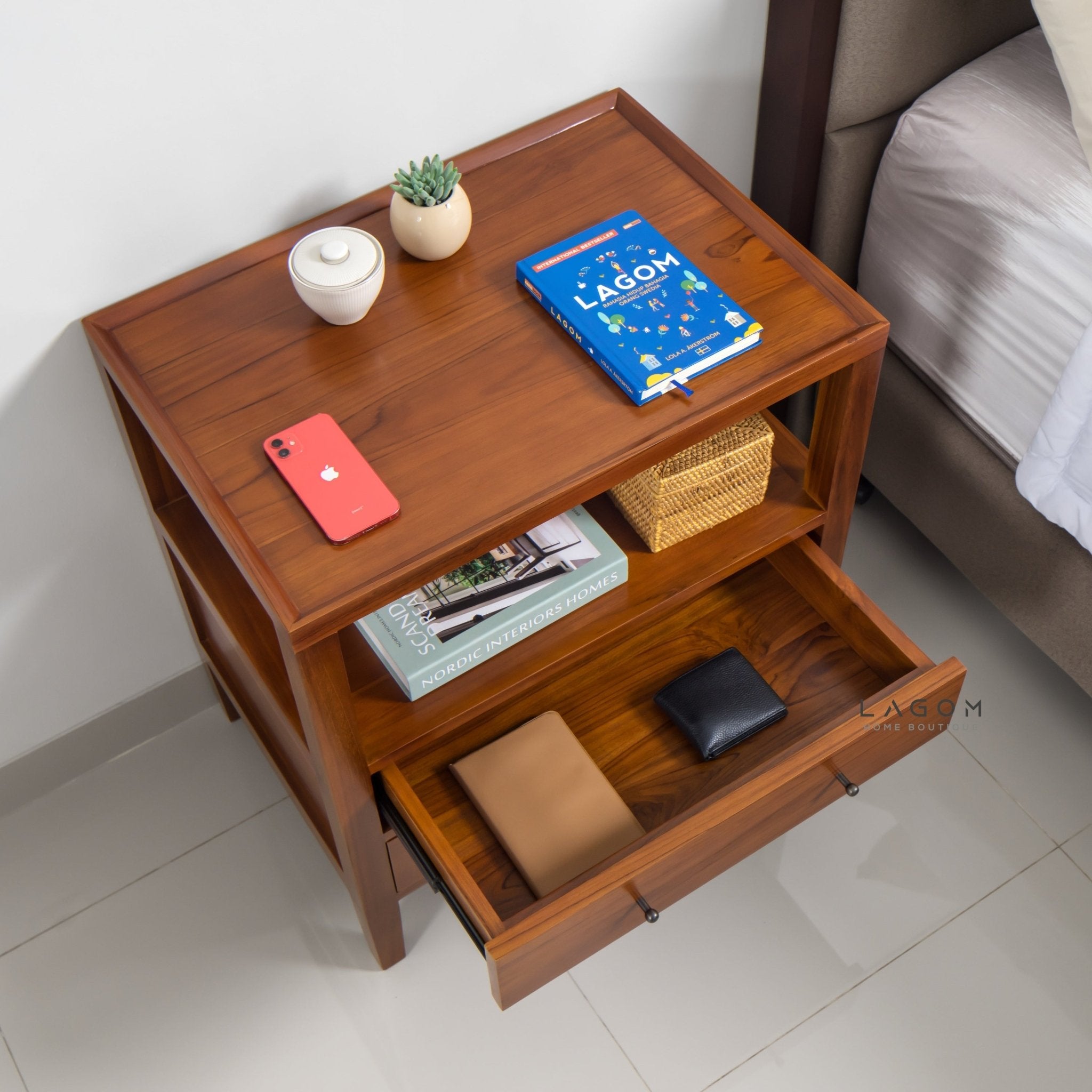 Solid Teak Nightstand with Open Shelf & Drawers - Side Table - Lagom Home Boutique