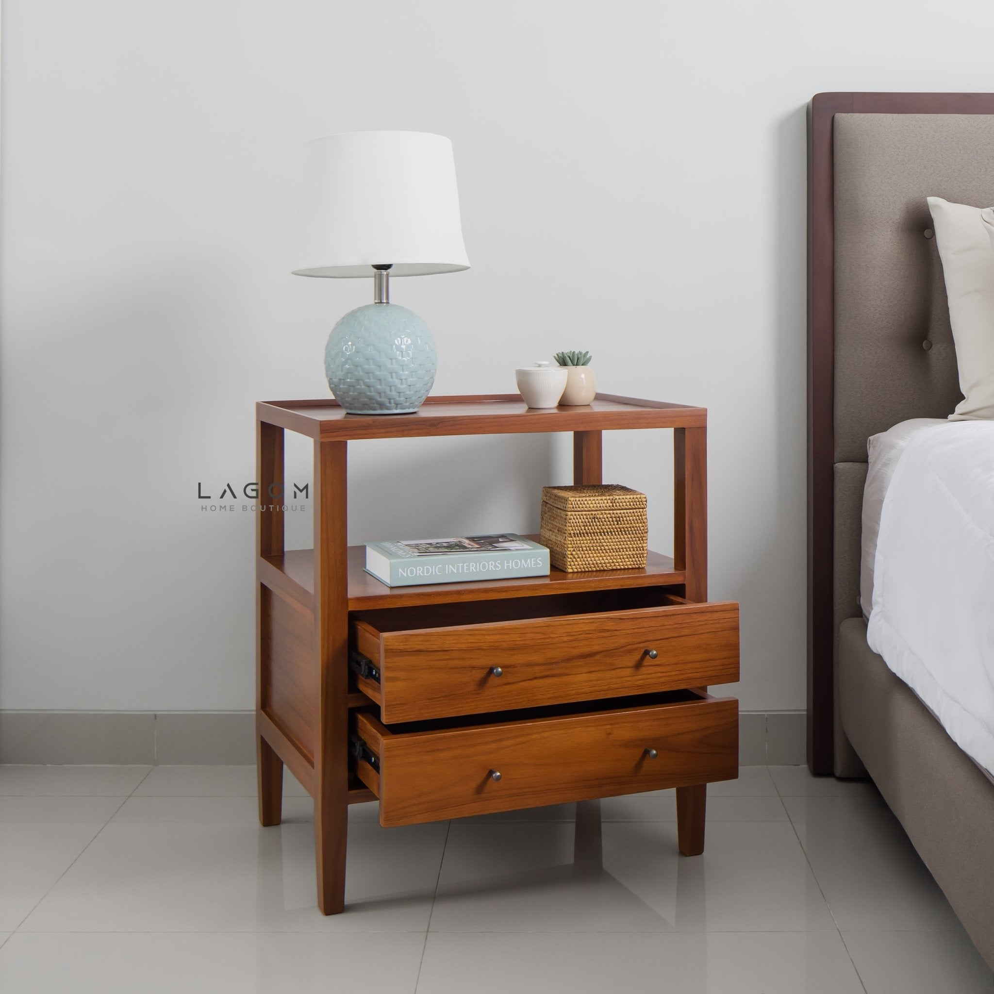 Solid Teak Nightstand with Open Shelf & Drawers - Side Table - Lagom Home Boutique