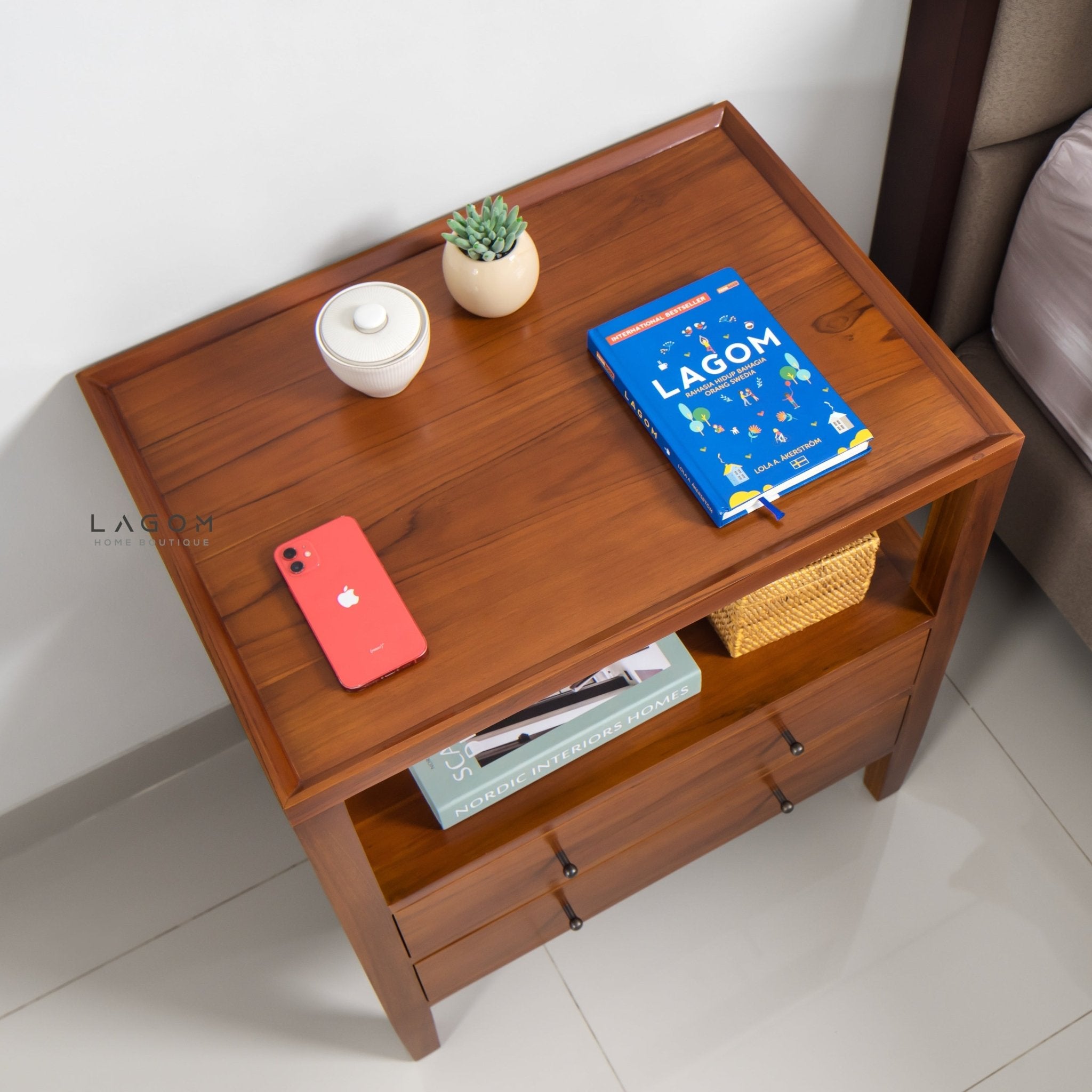 Solid Teak Nightstand with Open Shelf & Drawers - Side Table - Lagom Home Boutique