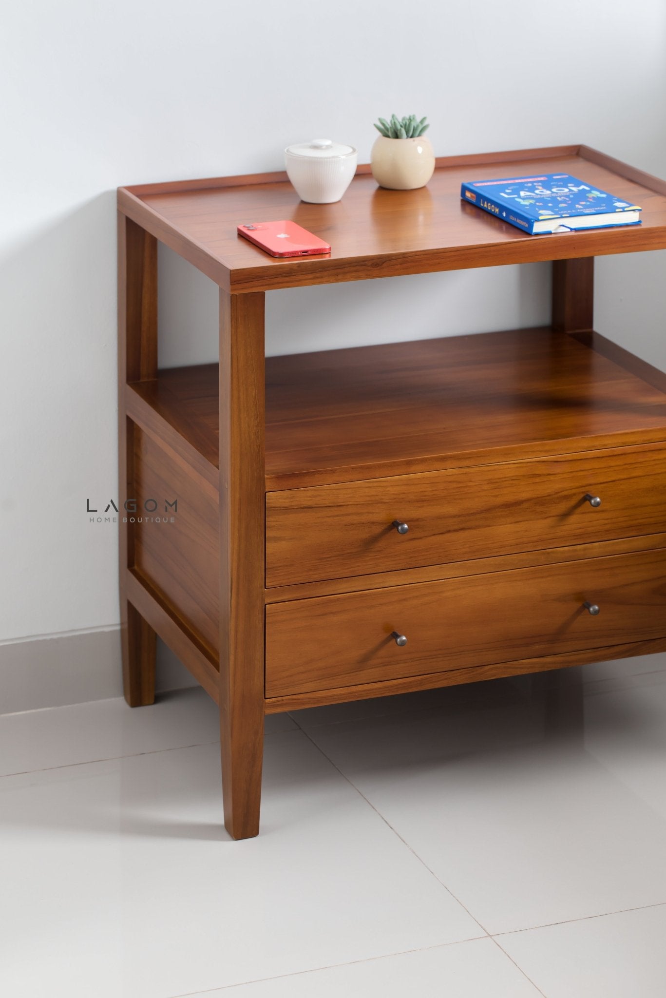 Solid Teak Nightstand with Open Shelf & Drawers - Side Table - Lagom Home Boutique