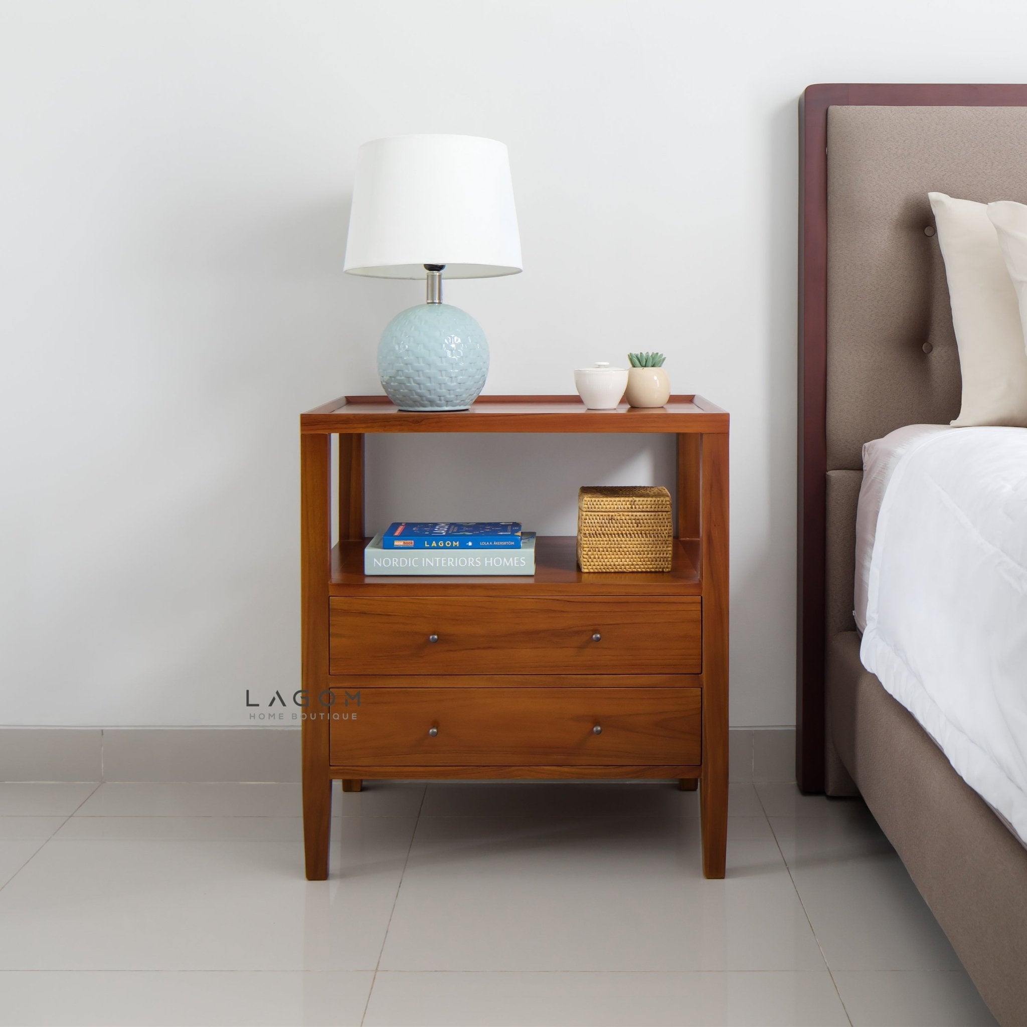 Solid Teak Nightstand with Open Shelf & Drawers - Side Table - Lagom Home Boutique