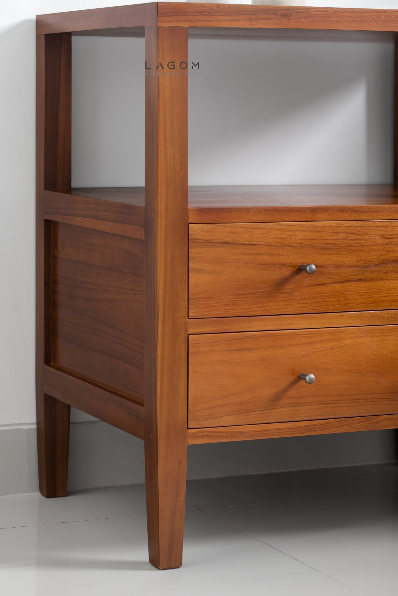Solid Teak Nightstand with Open Shelf & Drawers - Side Table - Lagom Home Boutique
