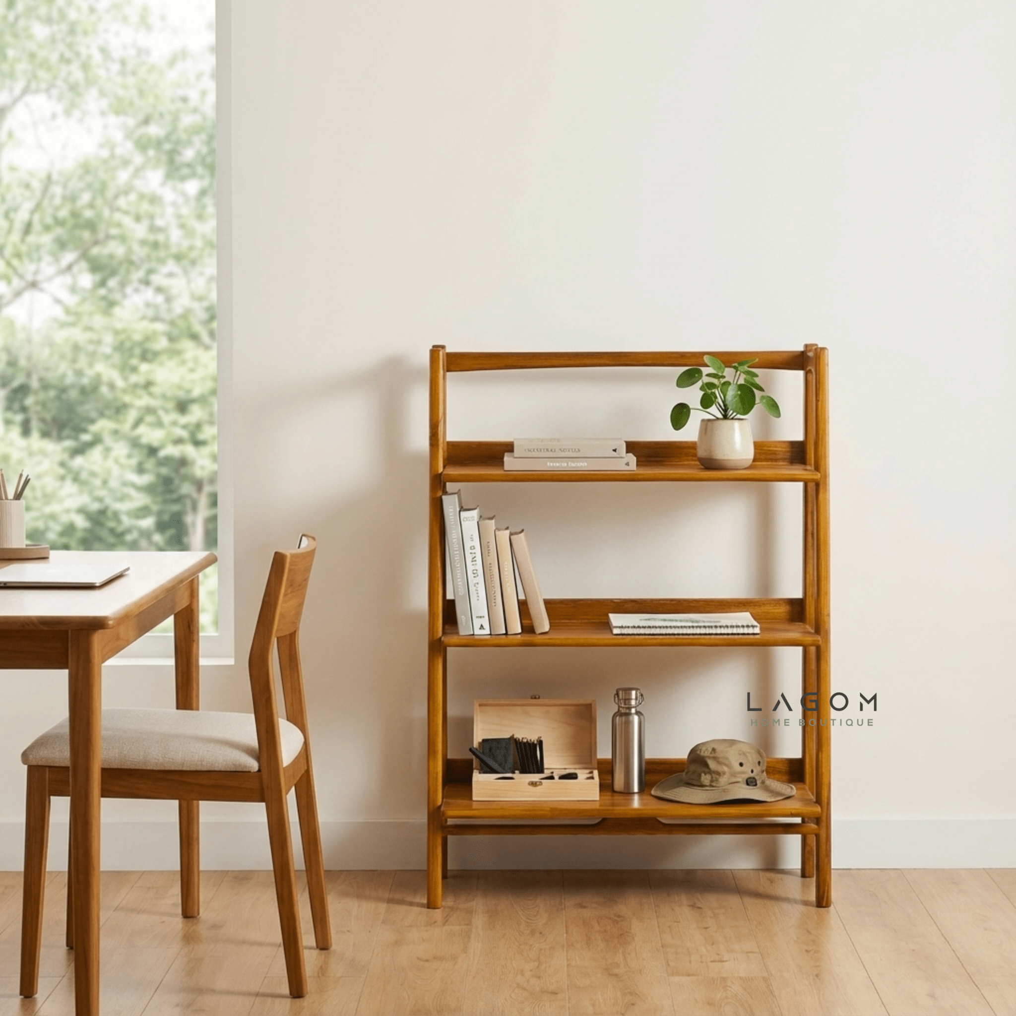 Solid Teak Open Shelf with 3 Tiers - Bookshelves - Lagom Home Boutique