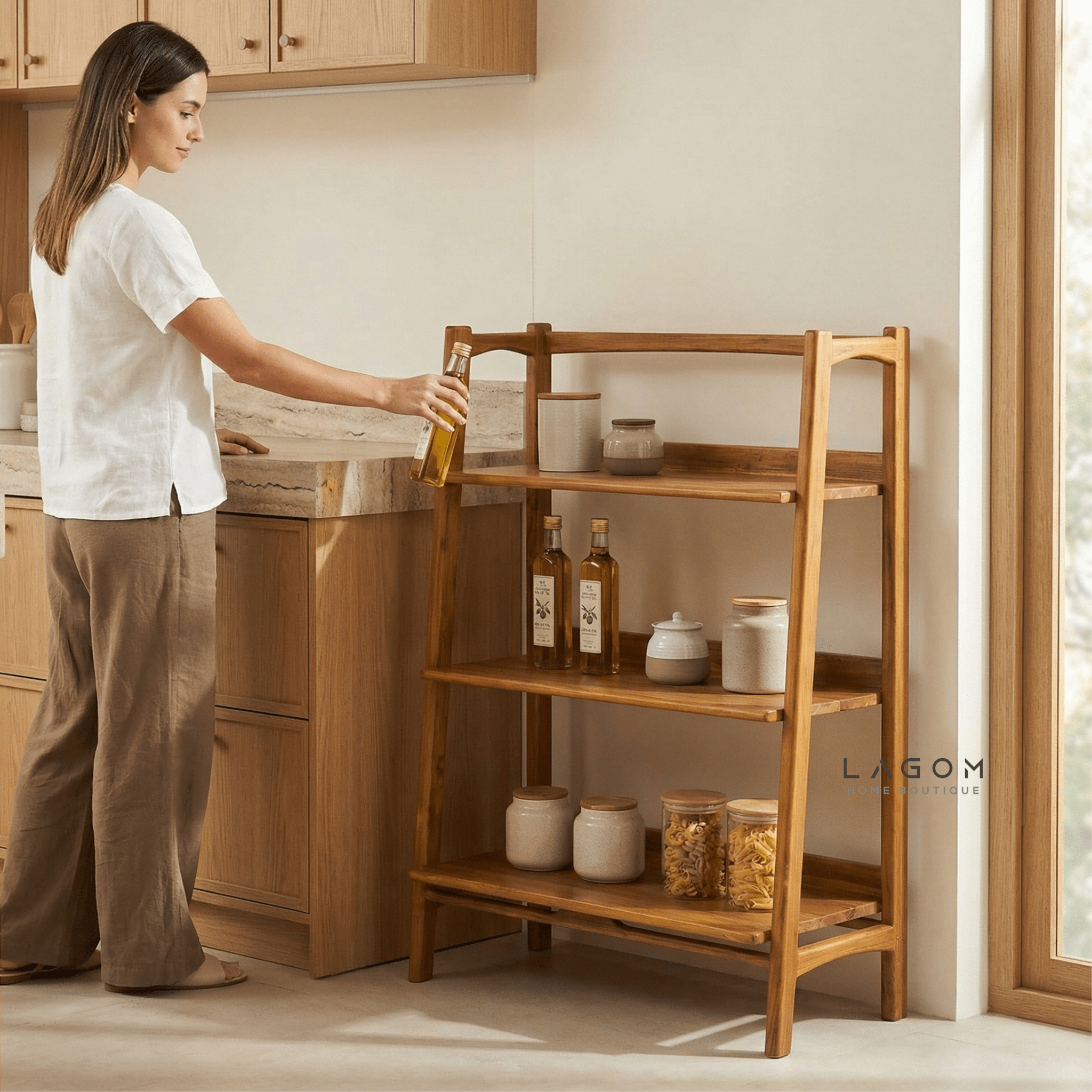 Solid Teak Open Shelf with 3 Tiers - Bookshelves - Lagom Home Boutique