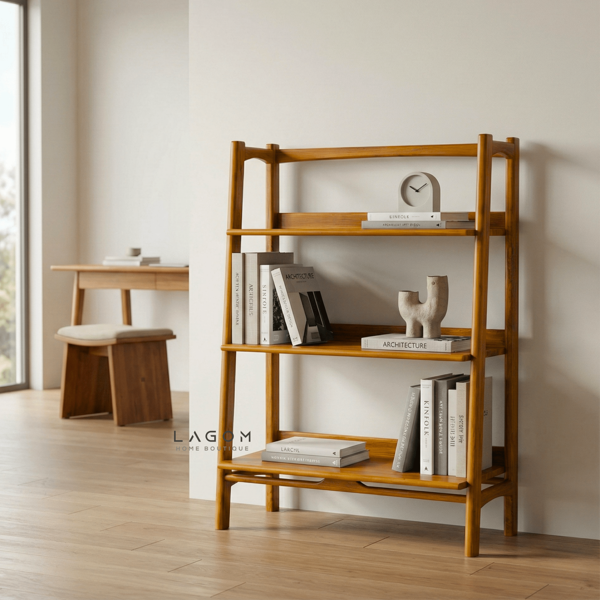 Solid Teak Open Shelf with 3 Tiers - Bookshelves - Lagom Home Boutique