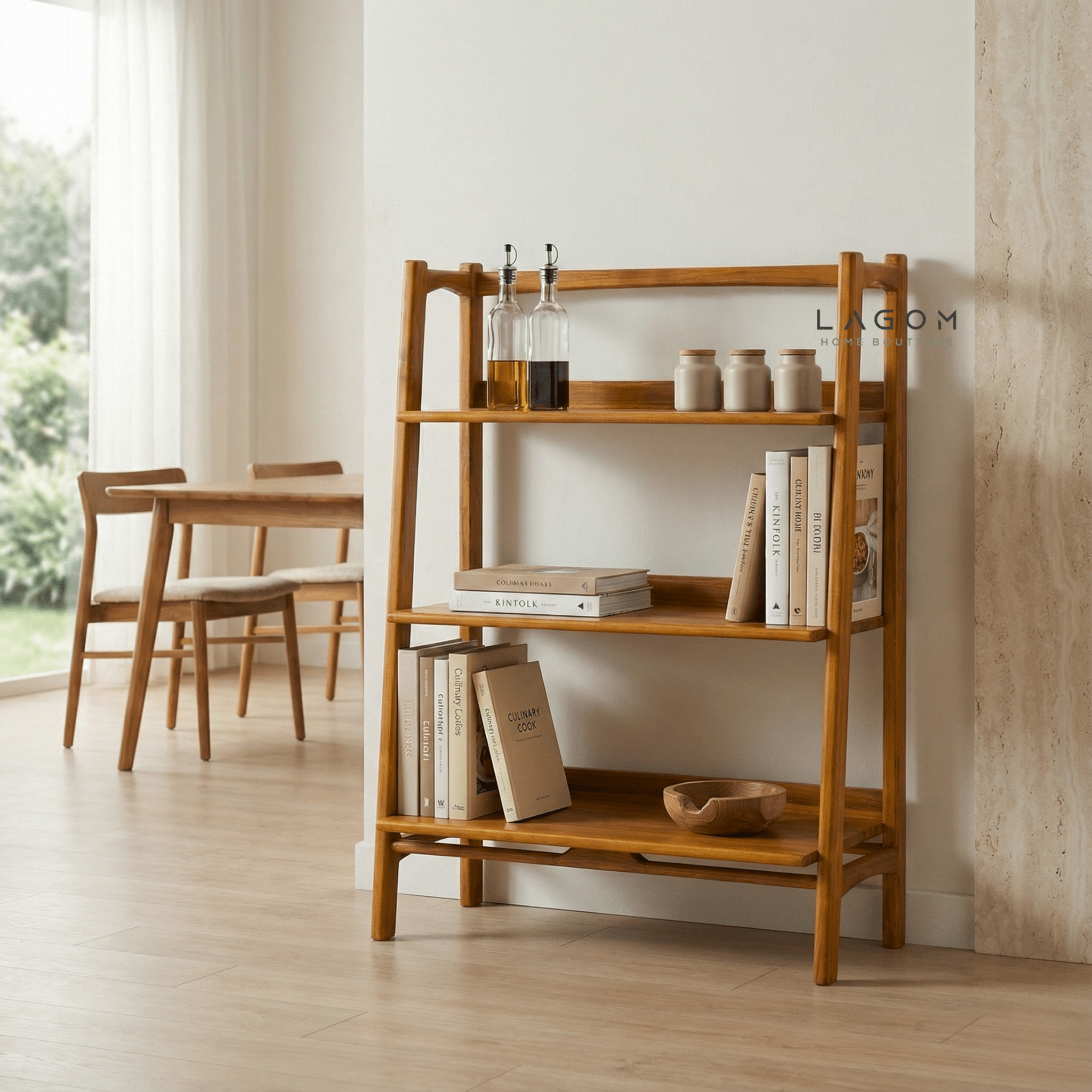 Solid Teak Open Shelf with 3 Tiers - Bookshelves - Lagom Home Boutique