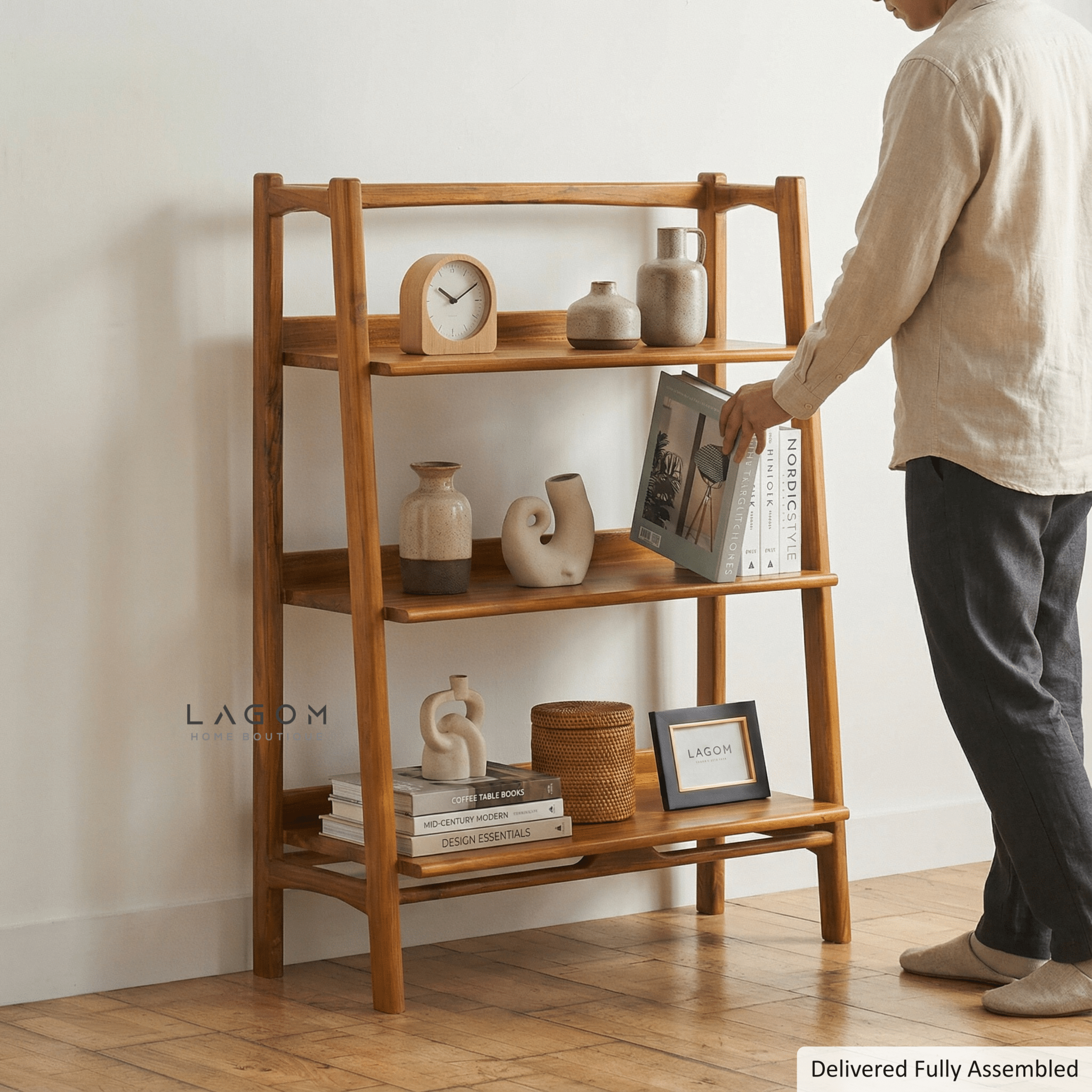 Solid Teak Open Shelf with 3 Tiers - Bookshelves - Lagom Home Boutique