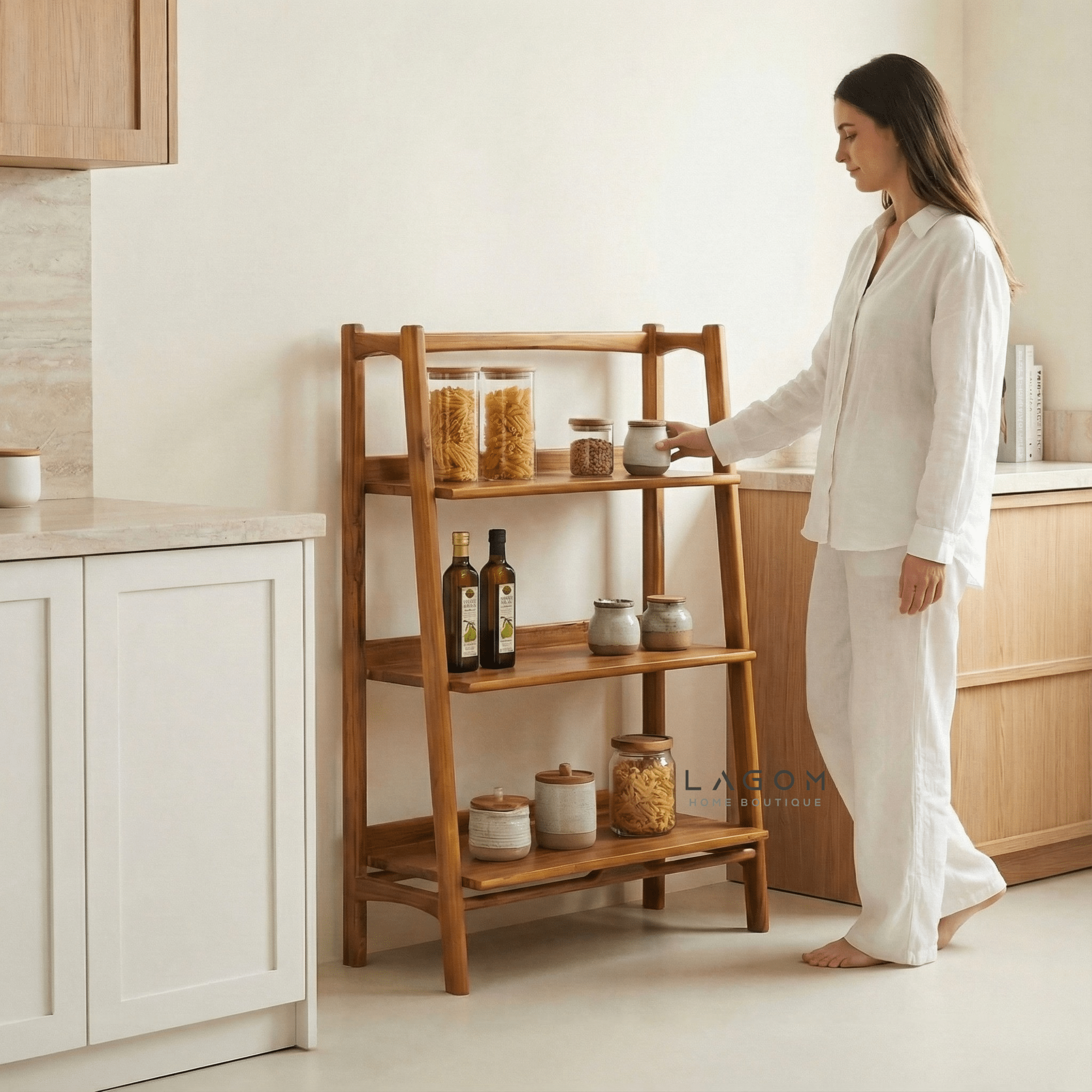 Solid Teak Open Shelf with 3 Tiers - Bookshelves - Lagom Home Boutique
