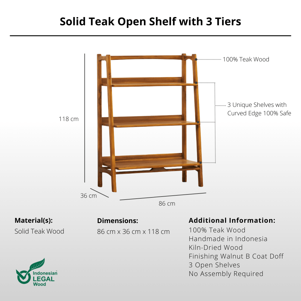 Solid Teak Open Shelf with 3 Tiers - Bookshelves - Lagom Home Boutique