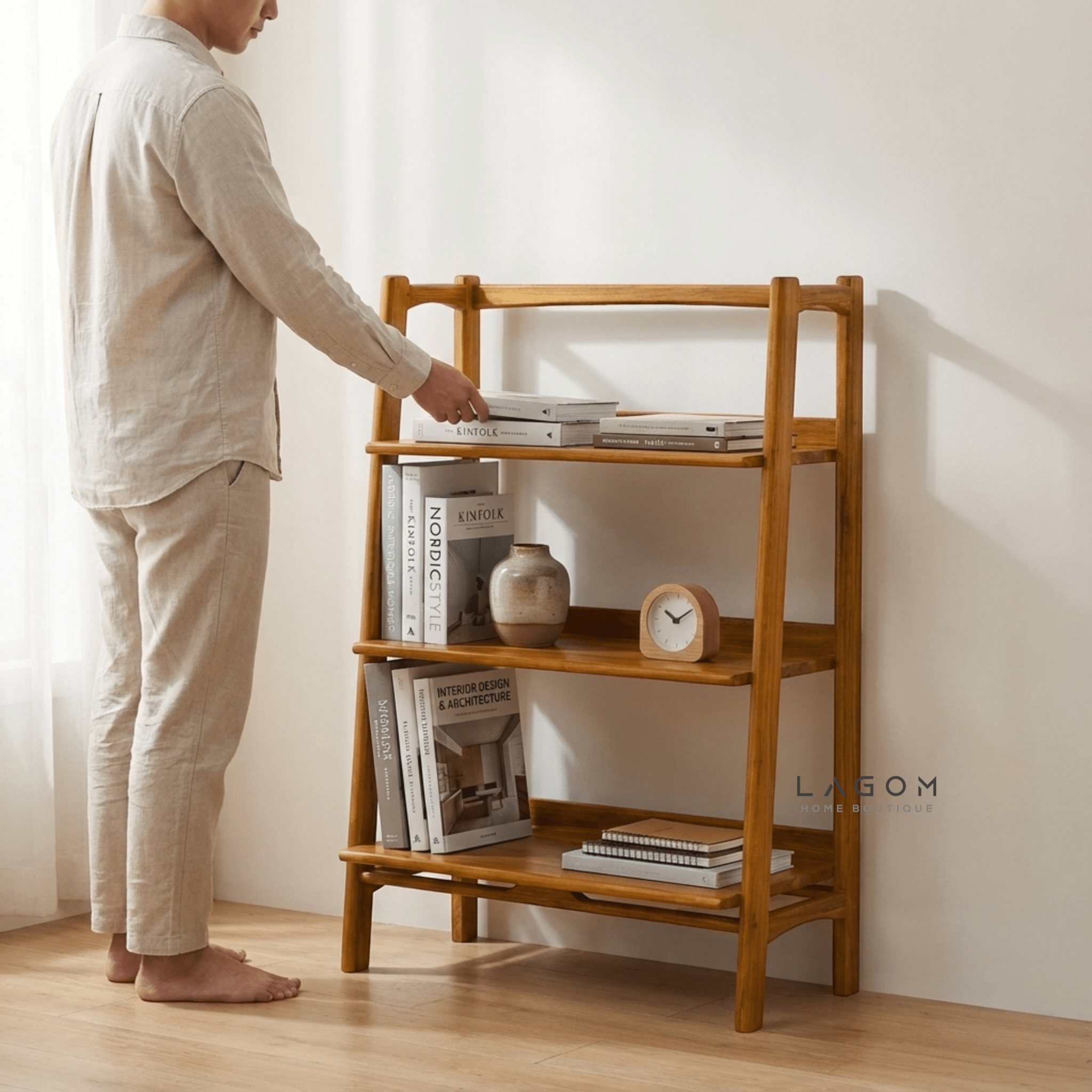 Solid Teak Open Shelf with 3 Tiers - Bookshelves - Lagom Home Boutique