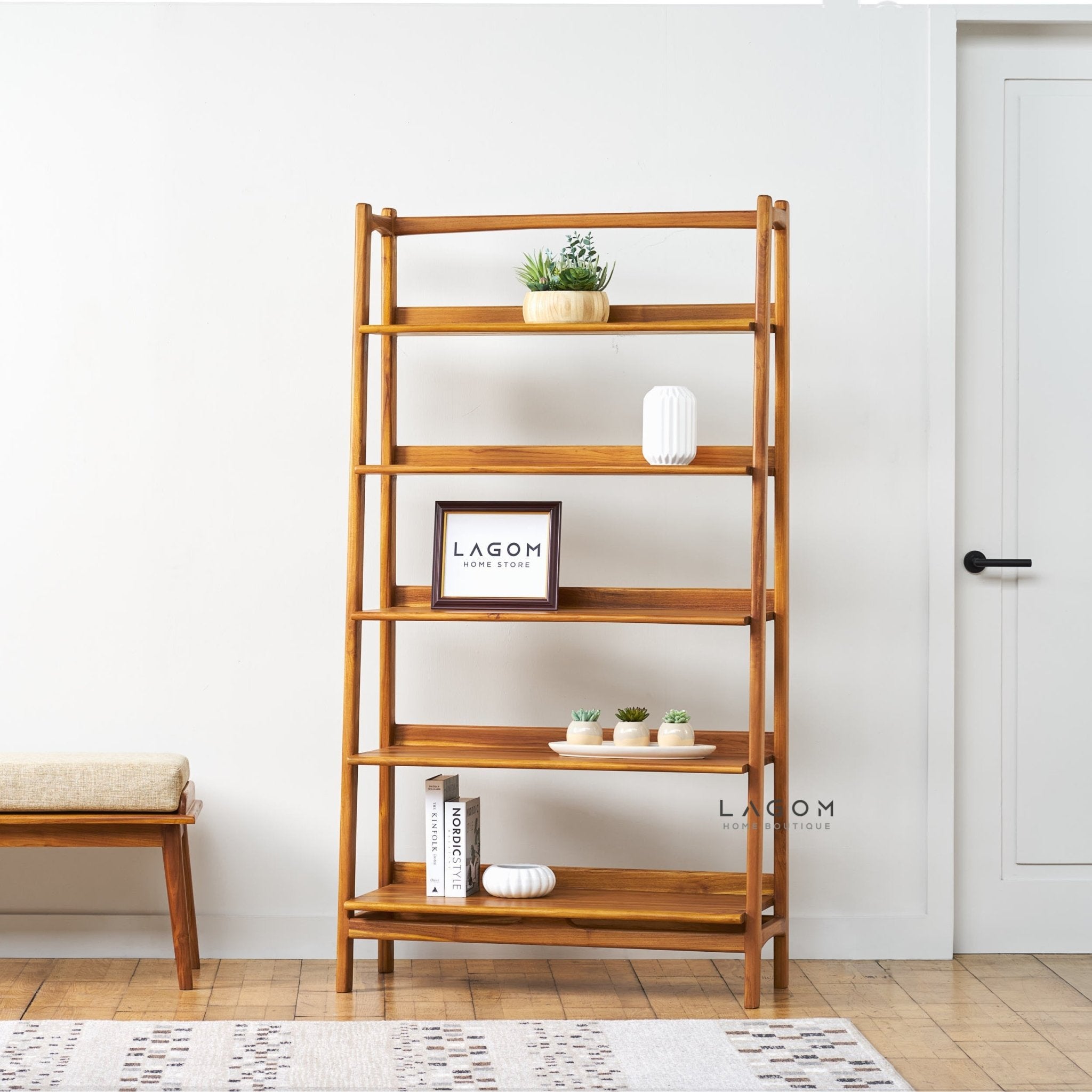 Solid Teak Open Shelf with 5 Tiers - Bookshelves - Lagom Home Boutique