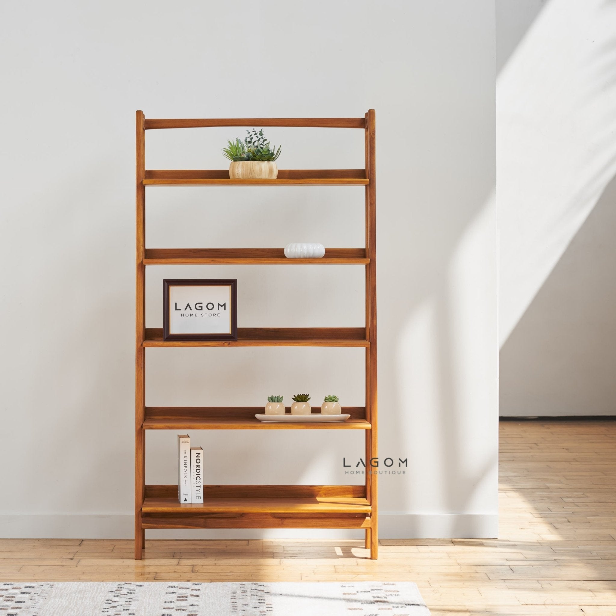 Solid Teak Open Shelf with 5 Tiers - Bookshelves - Lagom Home Boutique