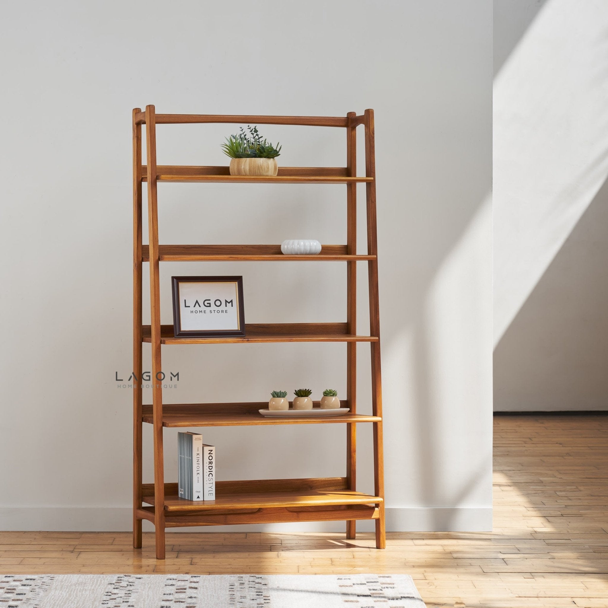Solid Teak Open Shelf with 5 Tiers - Bookshelves - Lagom Home Boutique