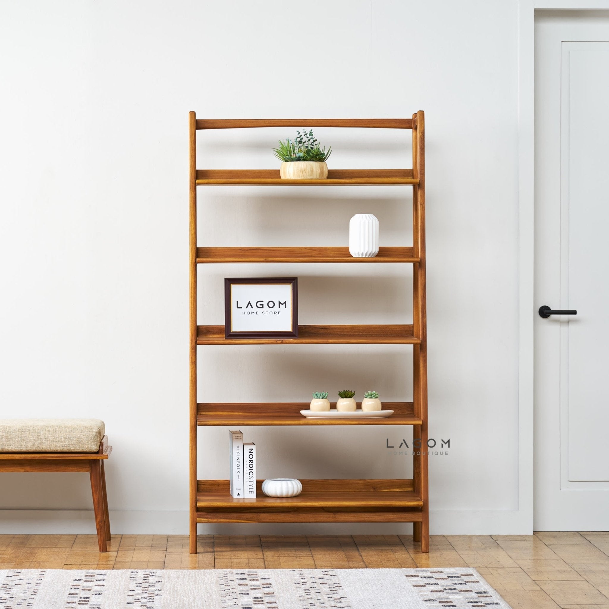 Solid Teak Open Shelf with 5 Tiers - Bookshelves - Lagom Home Boutique