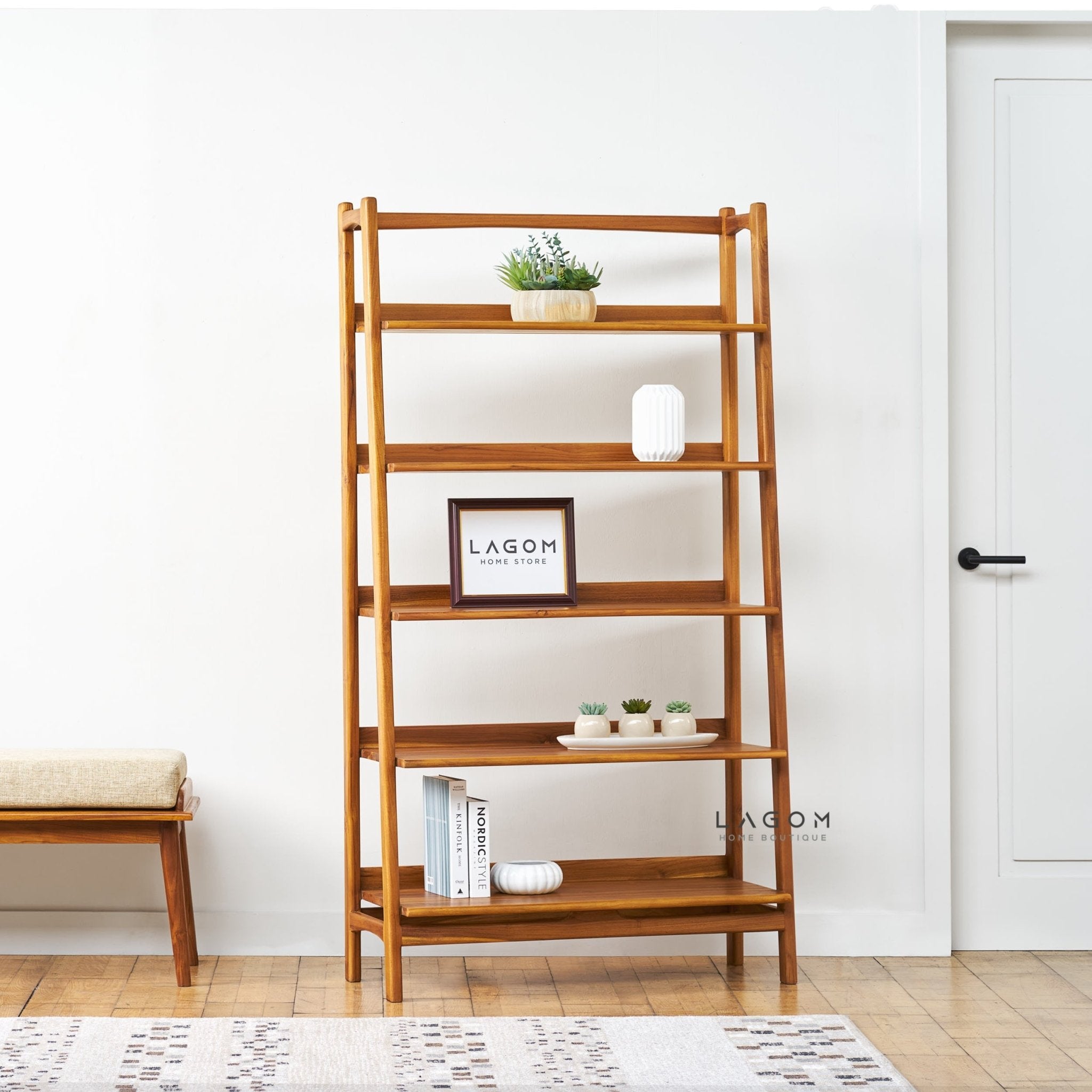 Solid Teak Open Shelf with 5 Tiers - Bookshelves - Lagom Home Boutique