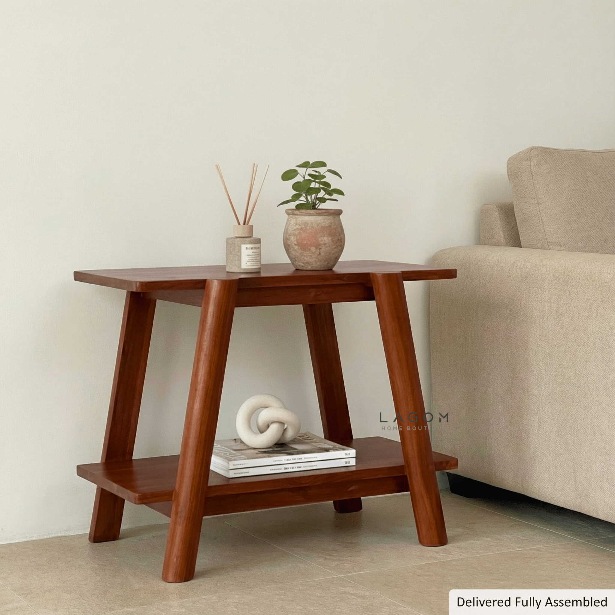 Solid Teak Side Table with Open Shelves - Side Table - Lagom Home Boutique