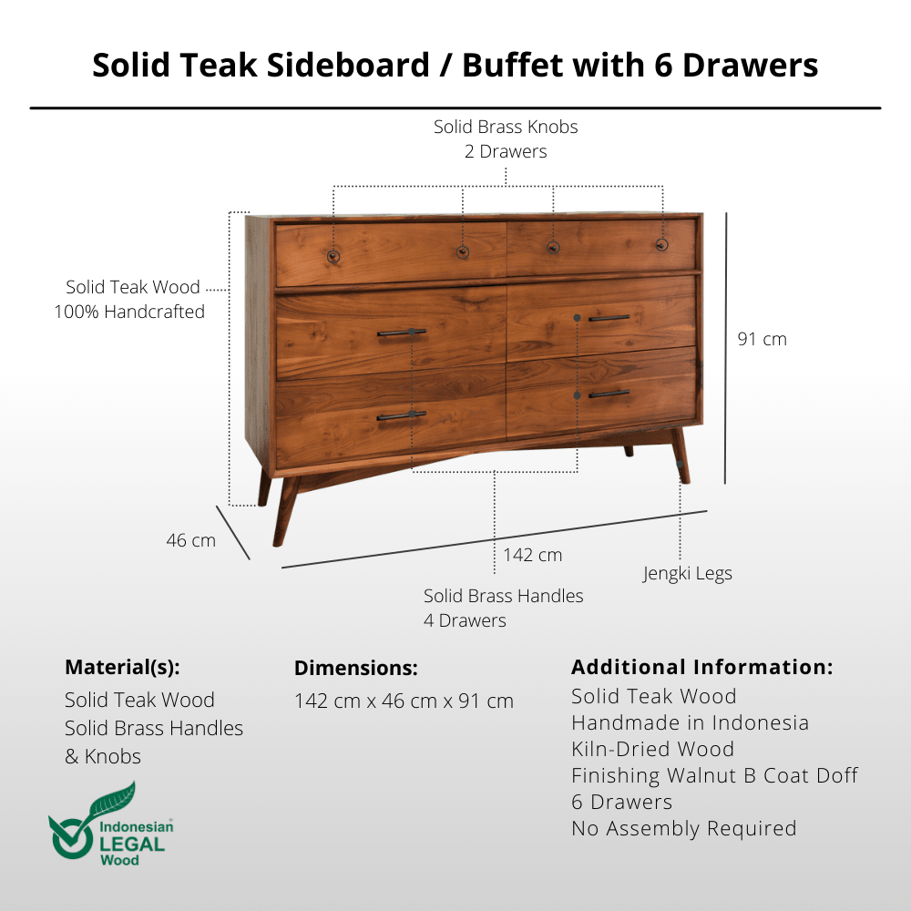 Solid Teak Sideboard / Buffet with 6 Drawers - Buffet - Lagom Home Boutique