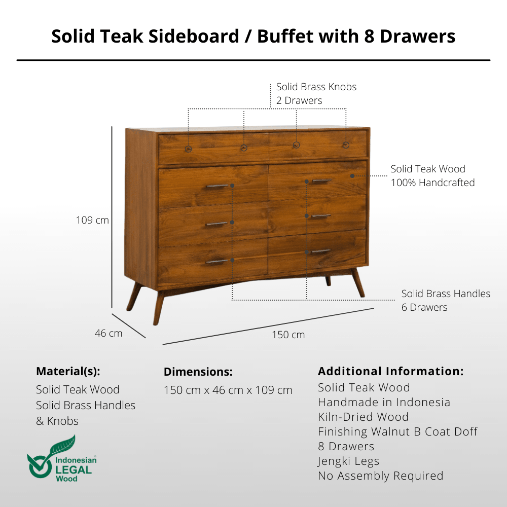 Solid Teak Sideboard / Buffet with 8 Drawers - Buffet - Lagom Home Boutique