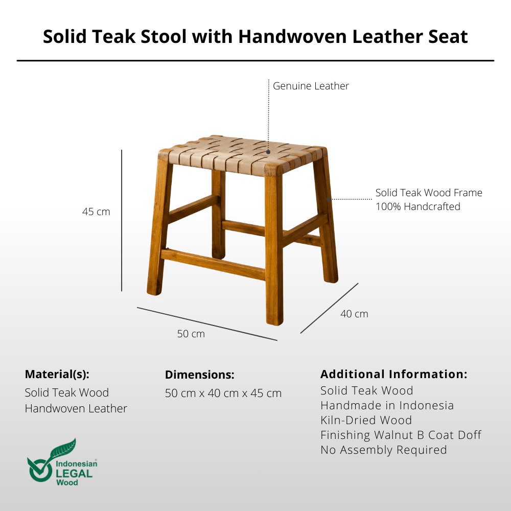 Solid Teak Stool with Handwoven Leather Seat - Stool - Lagom Home Boutique