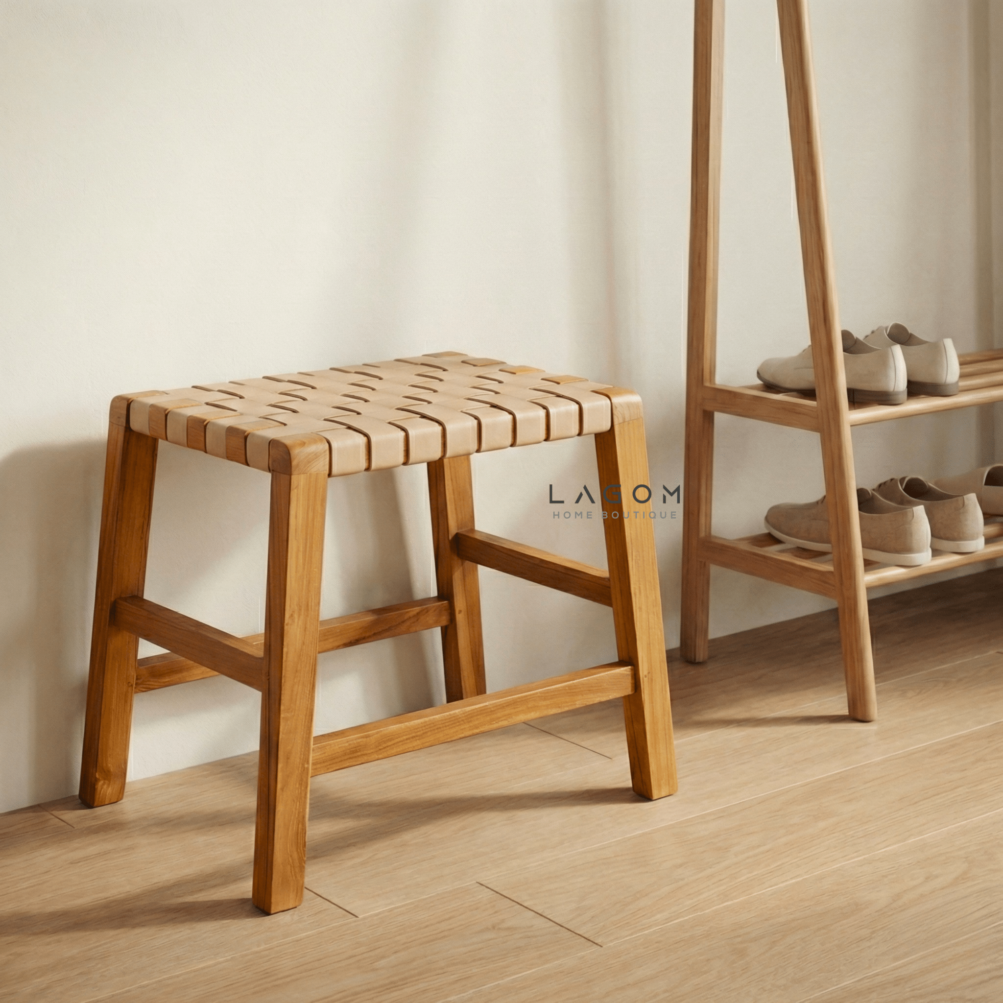 Solid Teak Stool with Handwoven Leather Seat - Stool - Lagom Home Boutique