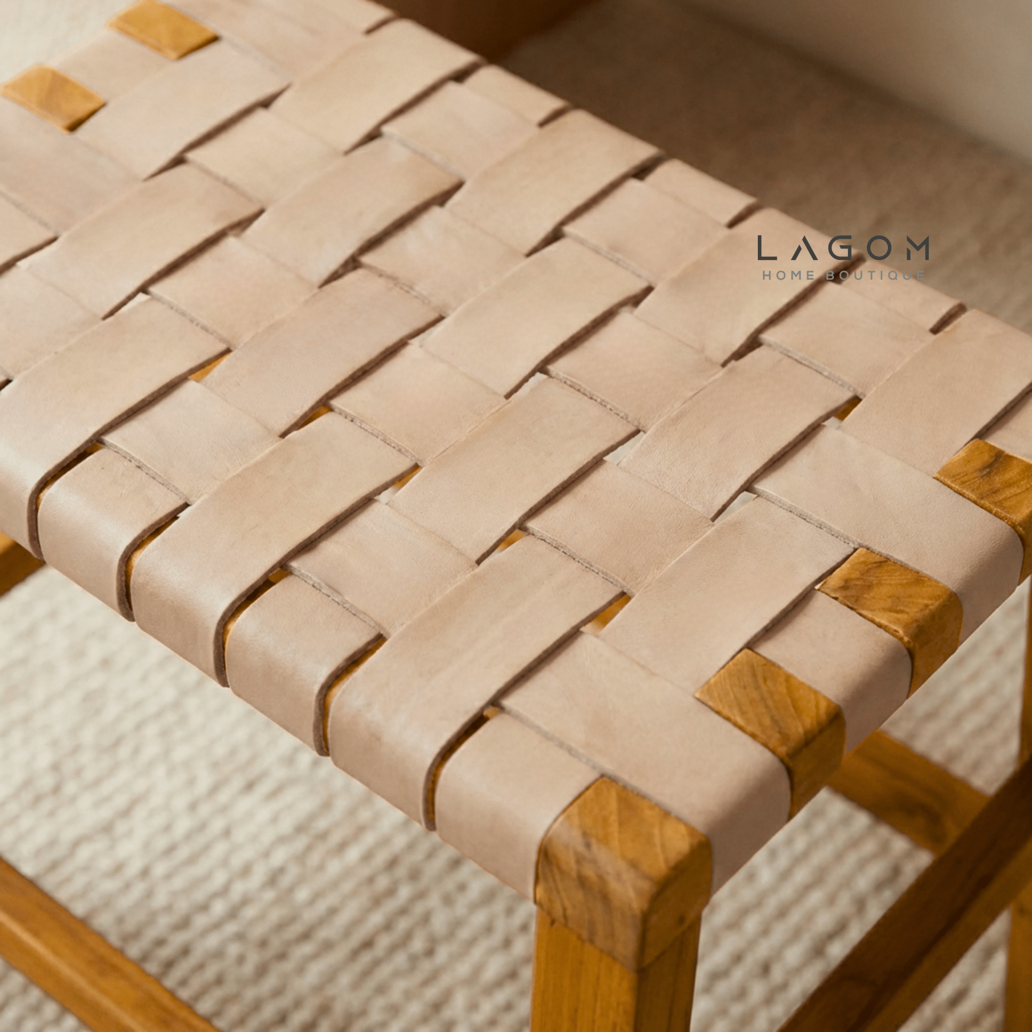 Solid Teak Stool with Handwoven Leather Seat - Stool - Lagom Home Boutique