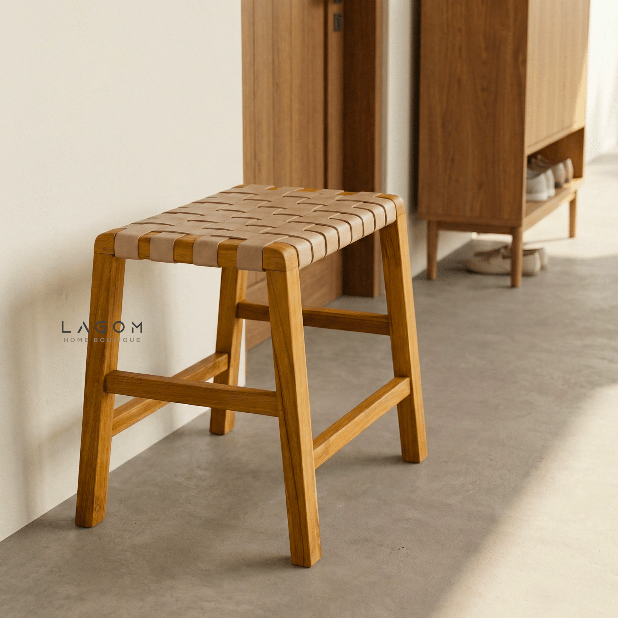 Solid Teak Stool with Handwoven Leather Seat - Stool - Lagom Home Boutique