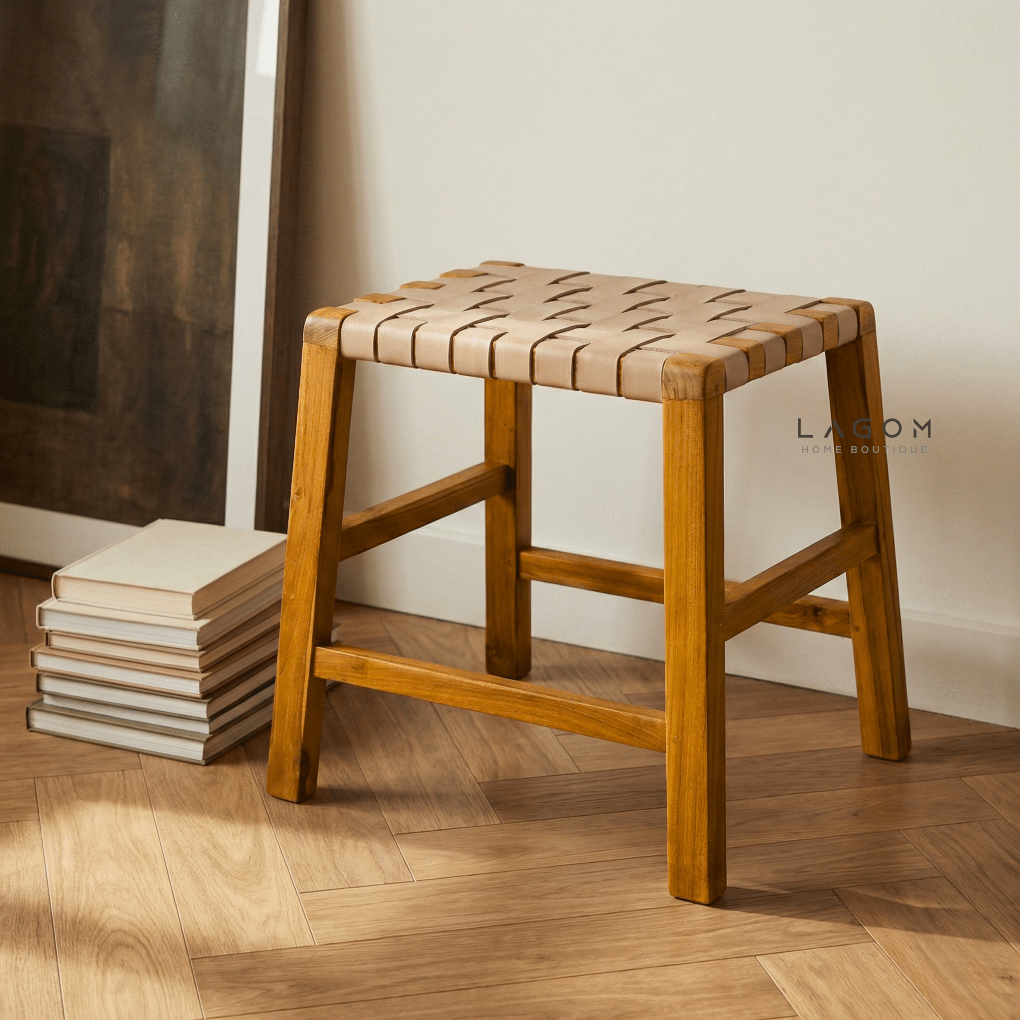 Solid Teak Stool with Handwoven Leather Seat - Stool - Lagom Home Boutique