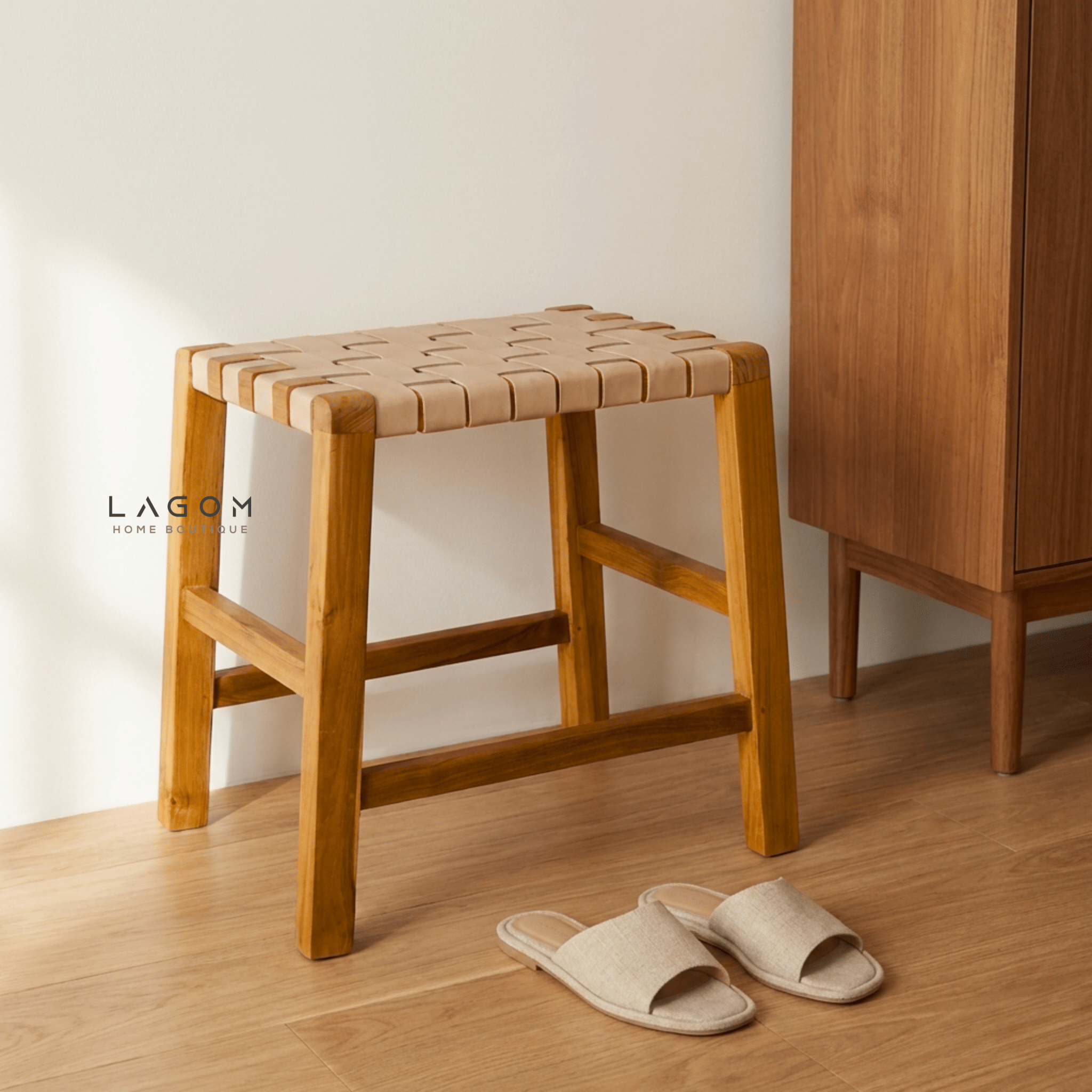 Solid Teak Stool with Handwoven Leather Seat - Stool - Lagom Home Boutique