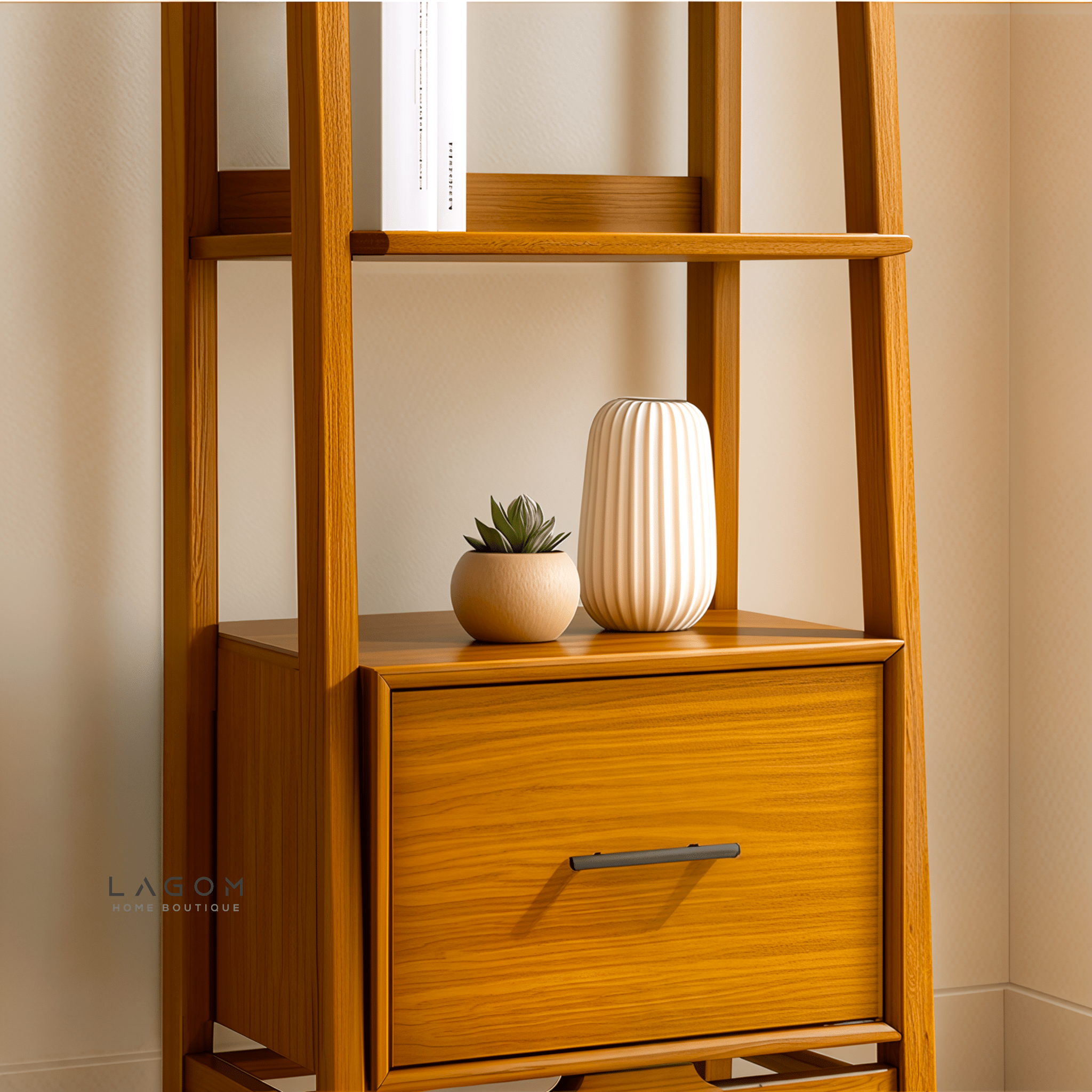 Solid Teak Wood Shelf with 3 Tiers and 1 Drawer - Bookshelves - Lagom Home Boutique