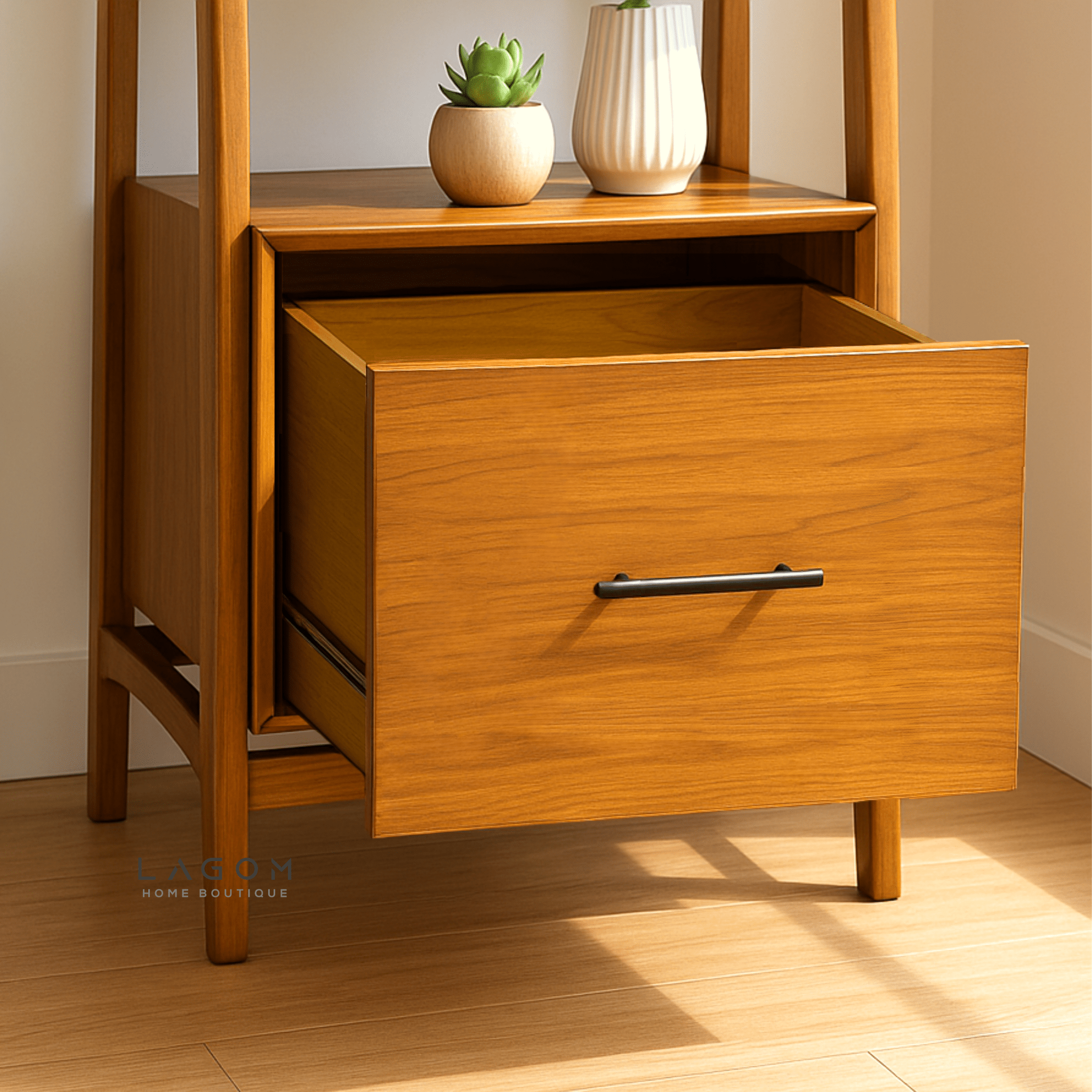 Solid Teak Wood Shelf with 3 Tiers and 1 Drawer - Bookshelves - Lagom Home Boutique