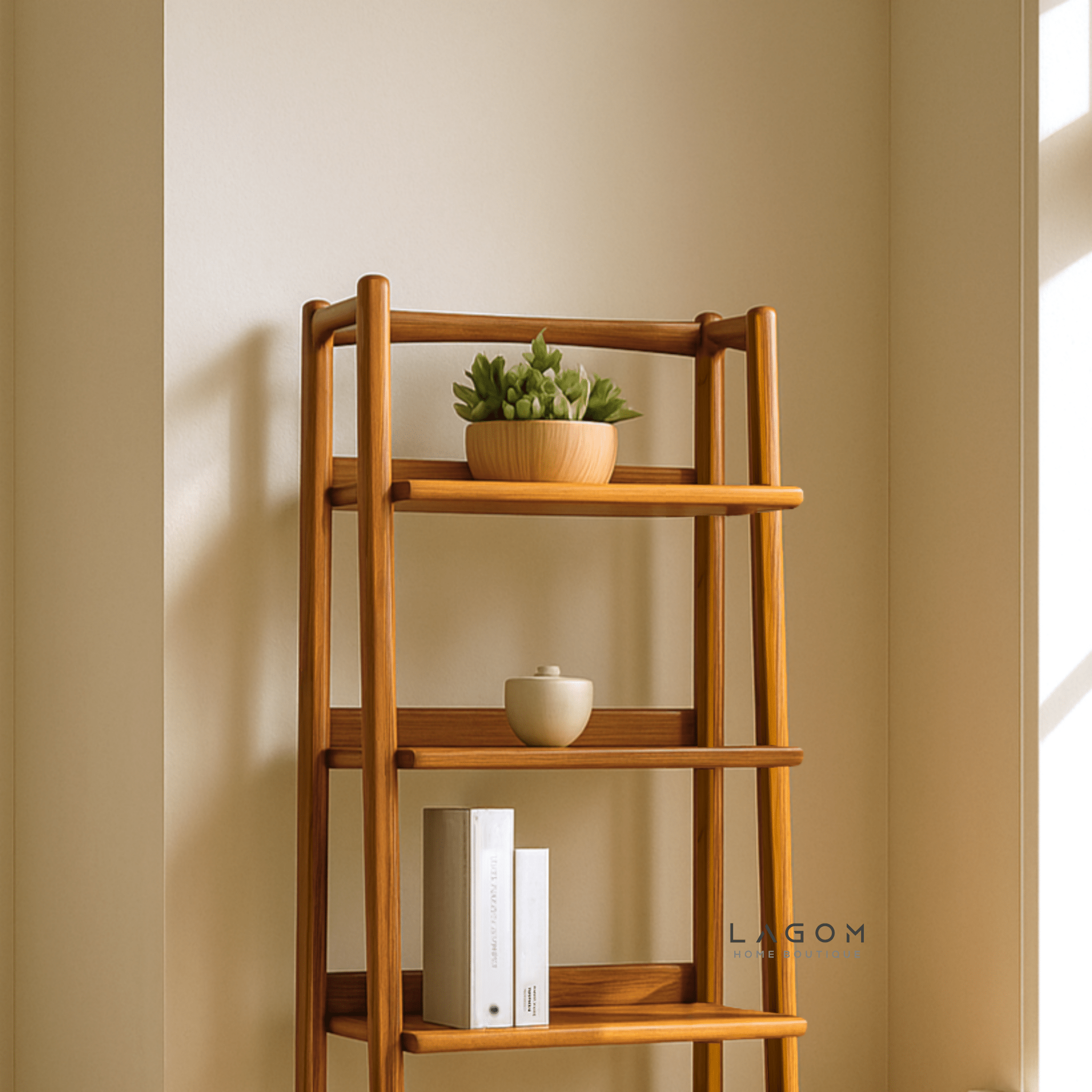 Solid Teak Wood Shelf with 3 Tiers and 1 Drawer - Bookshelves - Lagom Home Boutique